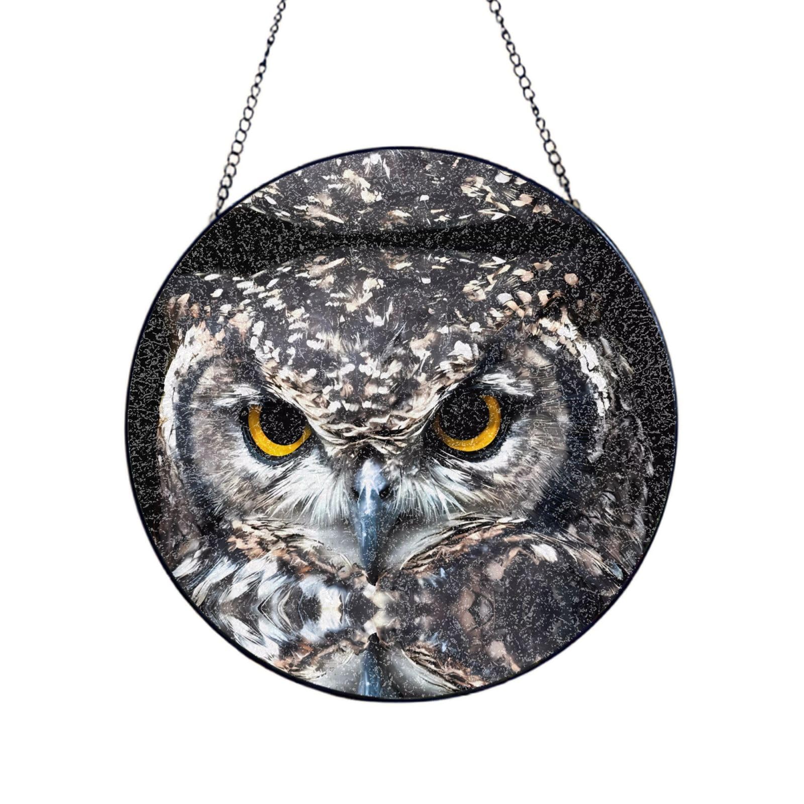 Phayah Yellow Eyed Owl Print Glass Window Hanging Sun Catchers Suncatcher Decor For Birthday For Home Garden Porch 12in（30cm）