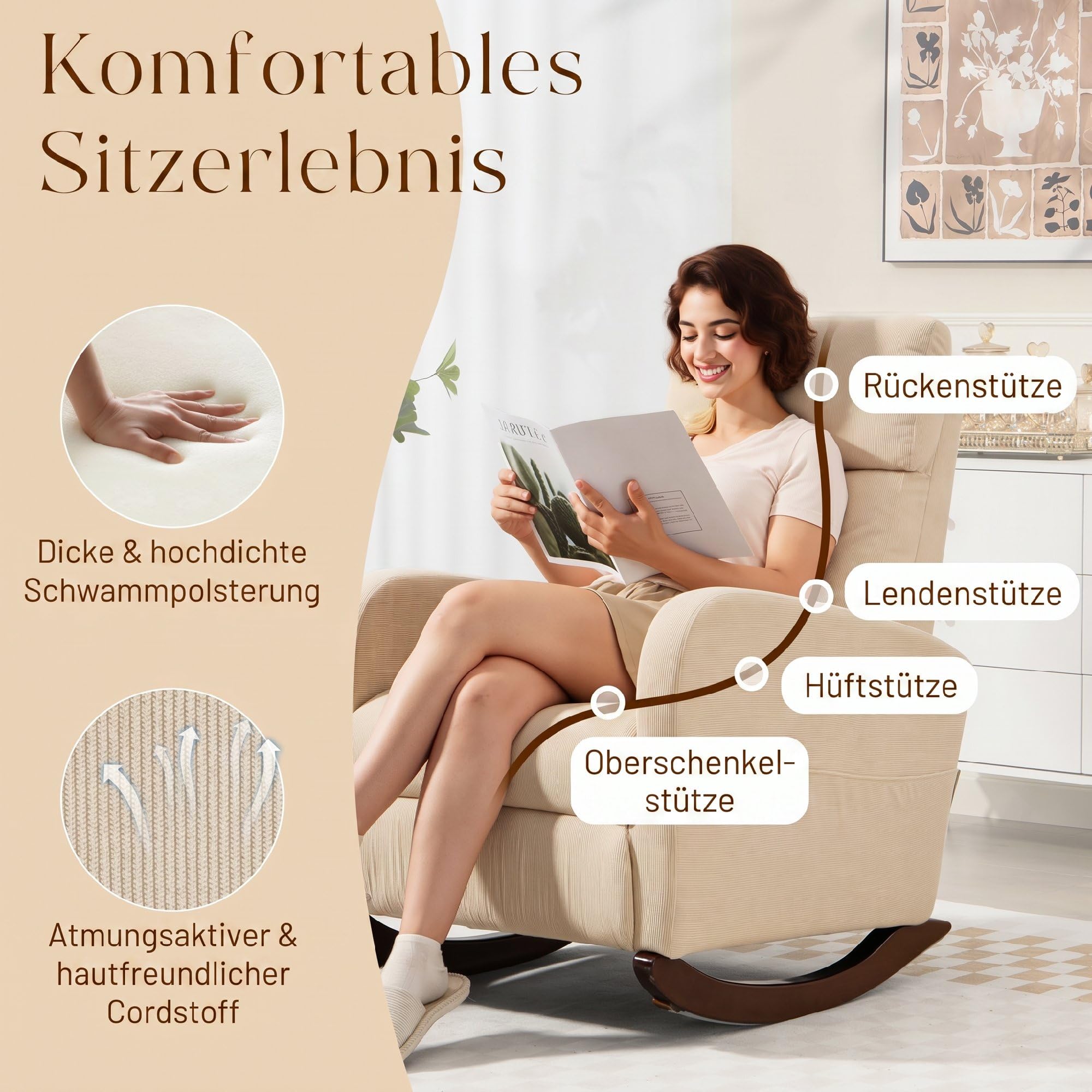 HOMCOM Schaukelstuhl Gepolsterter Schaukelsessel mit Cordstoff Beige