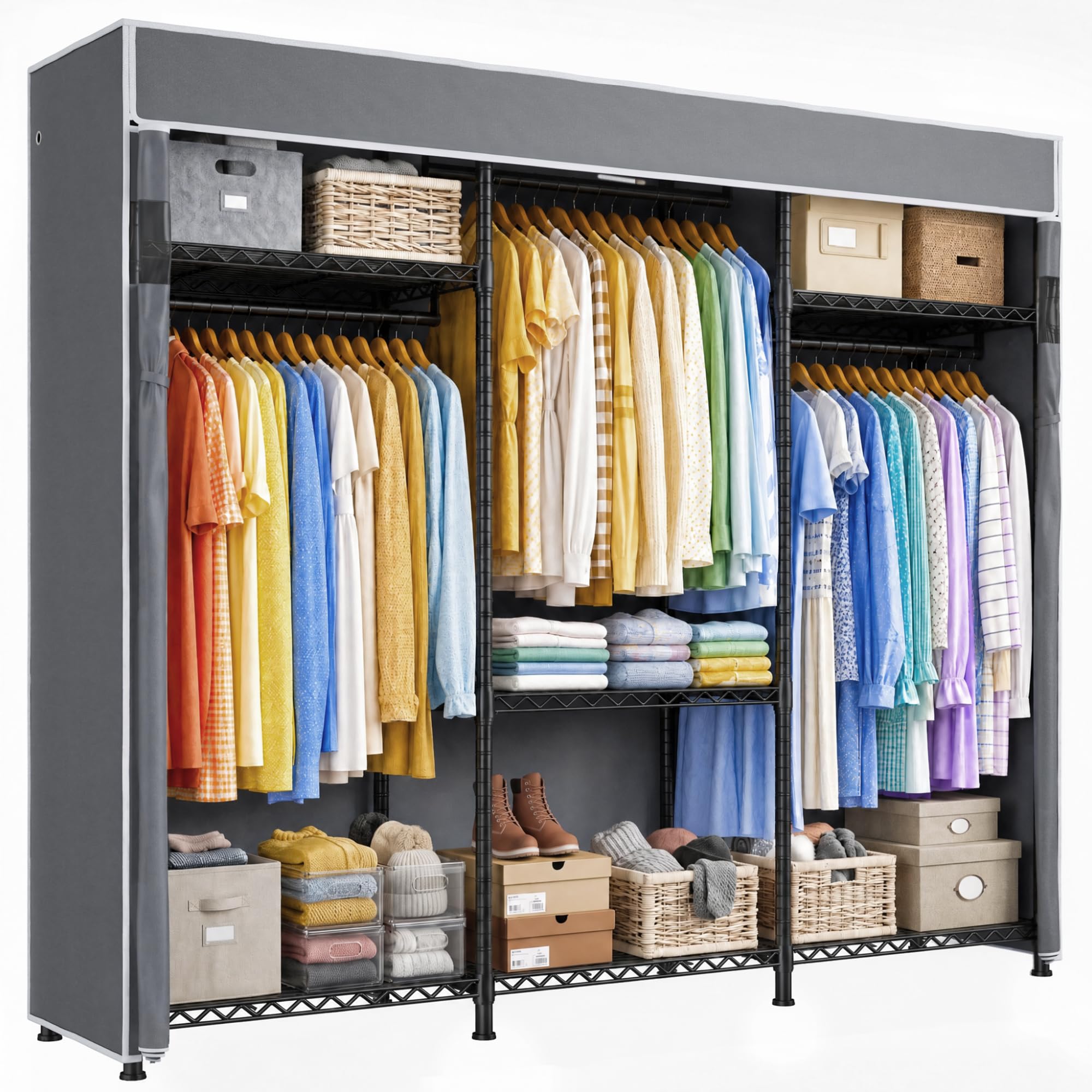 Raybee Clothes Rack, Heavy Duty Portable Closet with Cover, 3 Rods, 800LBS