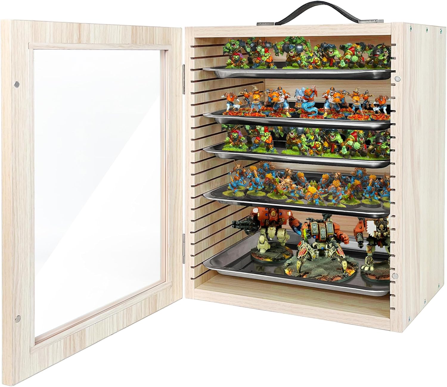 Miniature Storage Case for Collectibles Miniatures, Wooden Miniature Carrying Case with 5 Metal Trays, Miniatures Transport Case, Oak