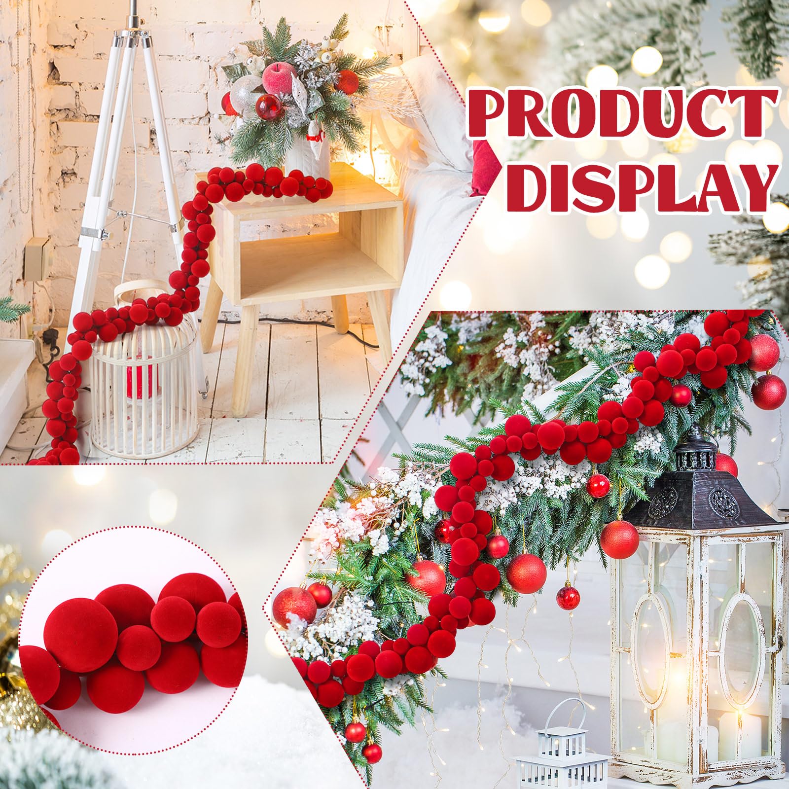 Xinnun Guirnalda de Bolas de Terciopelo de Navidad de 6 pies, Adornos de Navidad para Colgar, Bolas de Terciopelo inastillables, Decoraciones para el hogar, Interiores y Exteriores, Mantel de