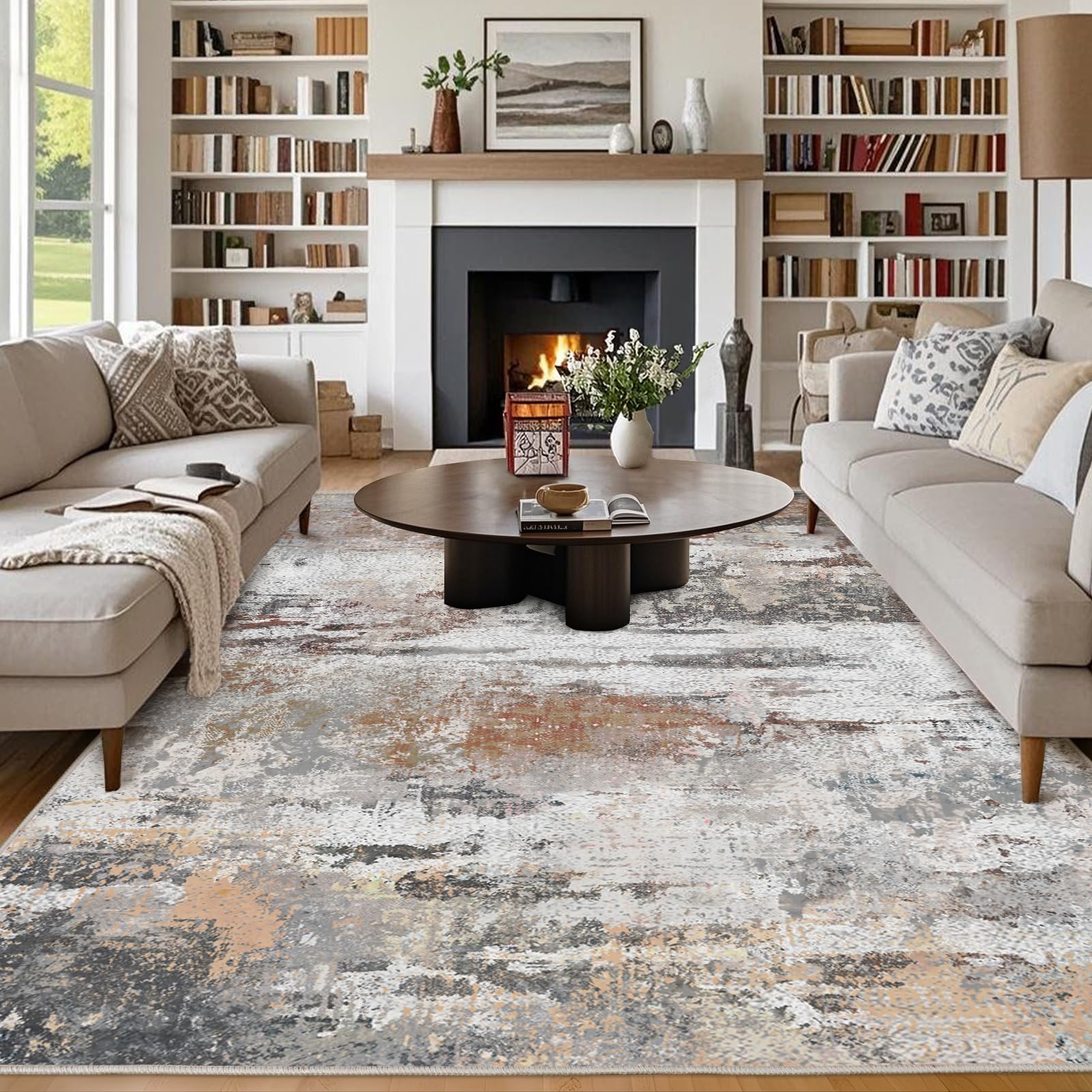 Teppich Wohnzimmer, Großer Teppich 160x230 Waschbar Kurzflor rutschfest Weich, Moderner Abstraktem Muster Teppiche für Schlafzimmer Kinderzimmer Büro Esszimmer, Grau Rost Beige