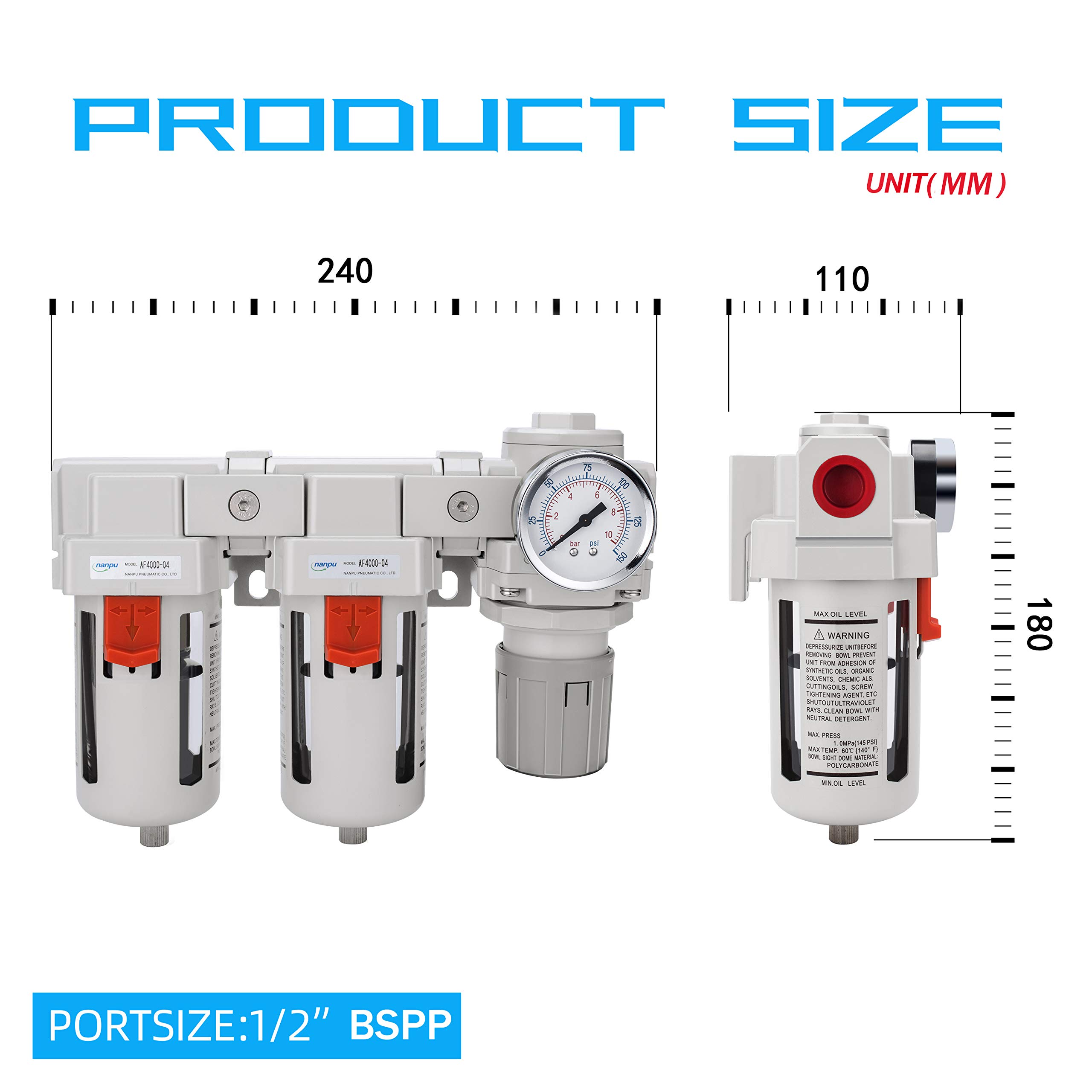 NANPU 1/2" BSPP Aria Compressa Doppio Filtro＆Regolatore, Separatore Trappola Acqua - Manometro (0-10 bar), Tazza in Polietilene, Scarico Semiautomatico, Staffa Metallica