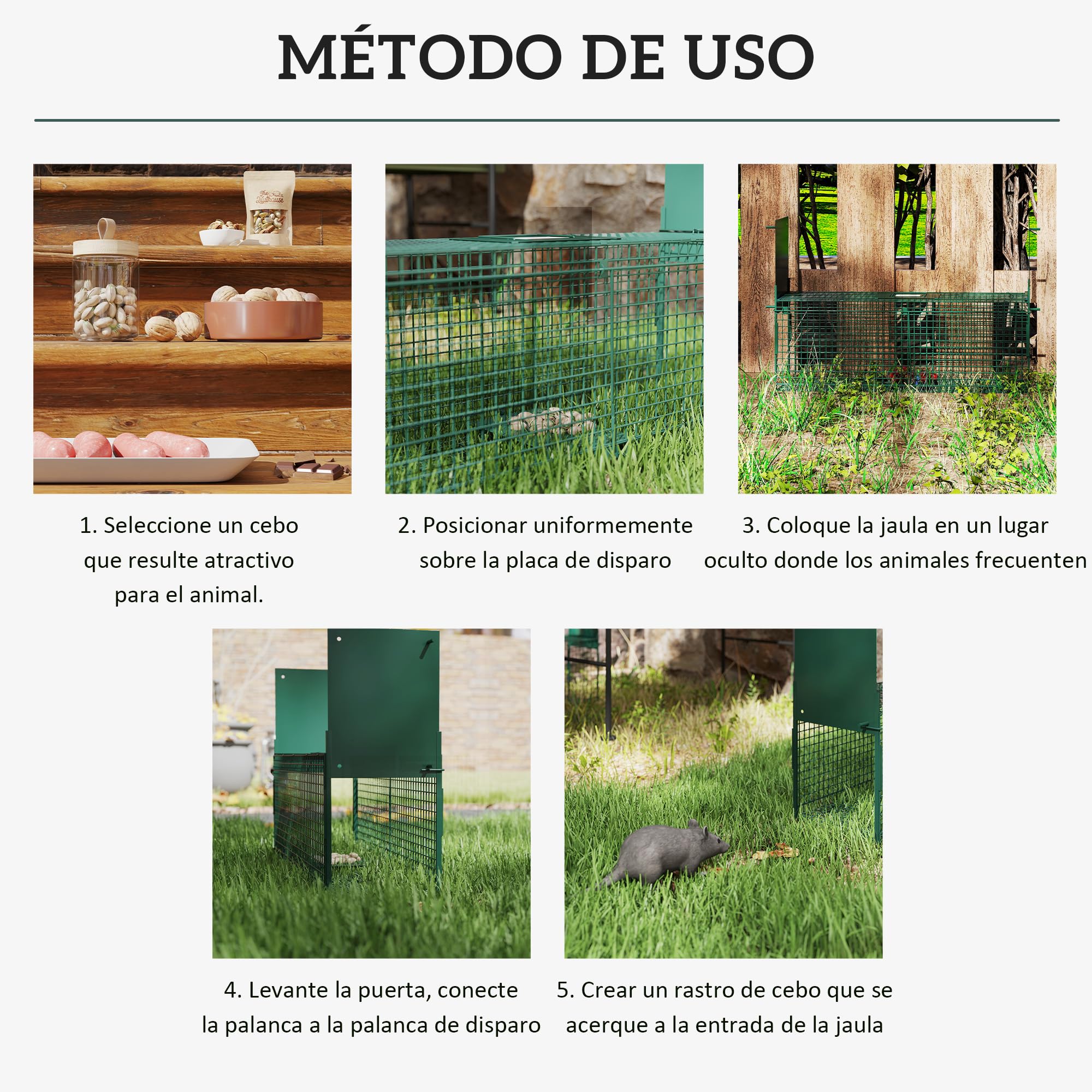 Outsunny Trampa para Animales Vivos 60x18x20 cm Jaula Trampa para Gatos con 2 Puertas Asa y Marco de Acero para Ratones Roedores Verde