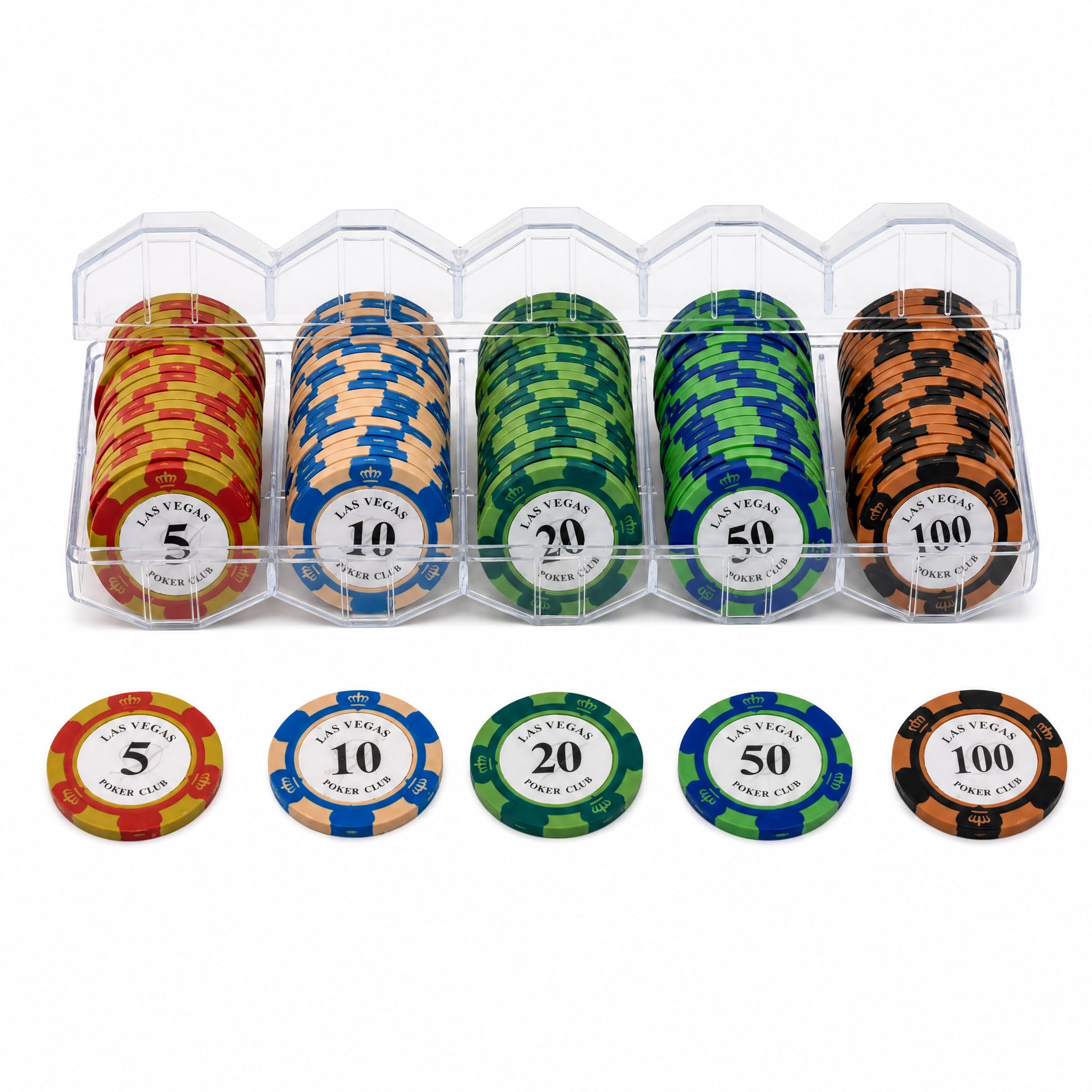 Żetony do pokera 100 szt., nominały 5–100, pudełko akrylowe | Po 20 sztuk nominałów 5, 10, 20, 50 i 100; do blackjacka, Texas Hold’em, ruletki oraz domowych wieczorów kasynowych.