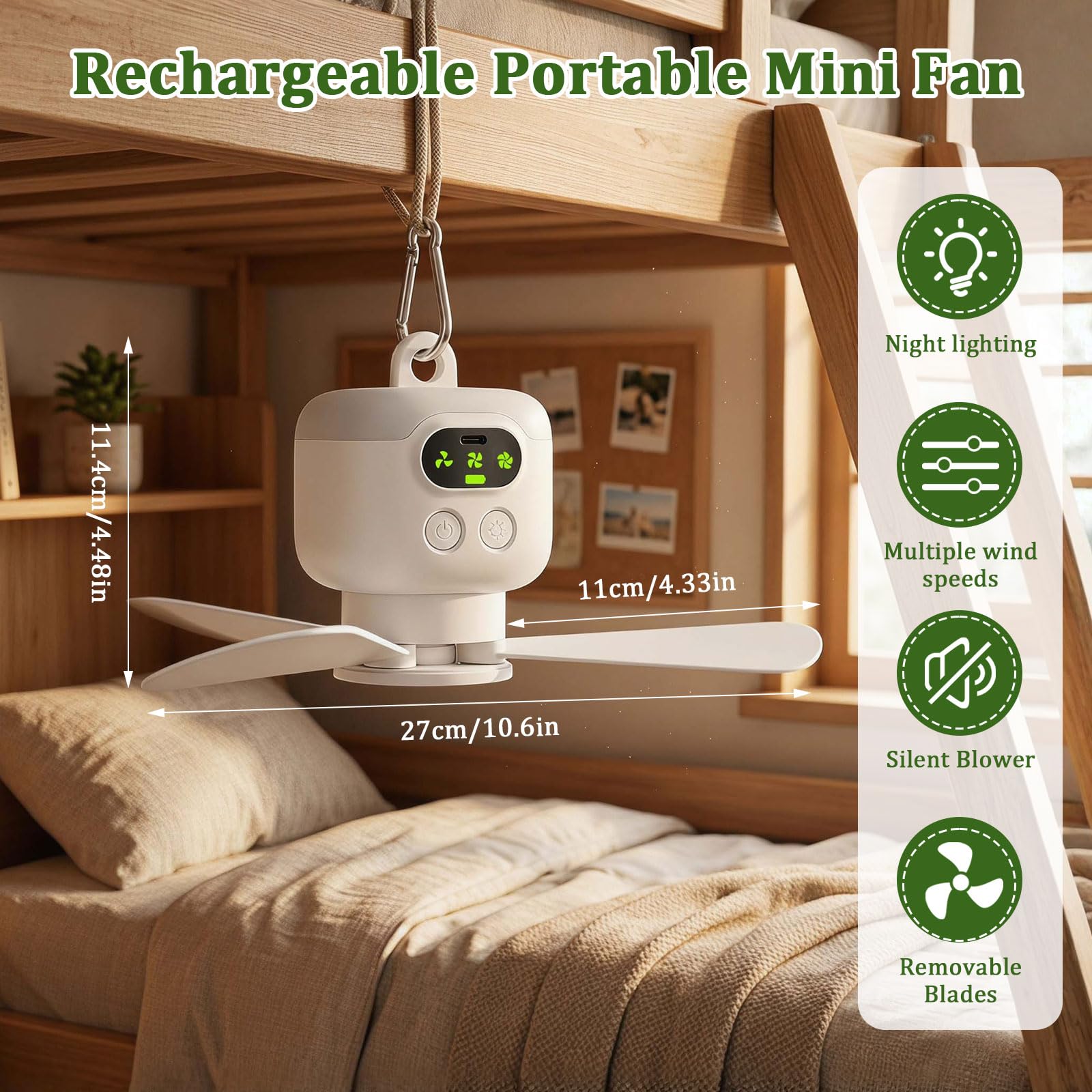 Piccolo Ventilatore da Campeggio Ricaricabile 8000mAh con Luce LED e Telecomando, Mini Ventilatore da Soffitto per Tenda Silenzioso, 4 Velocità Timer, Portatile Interno Esterno