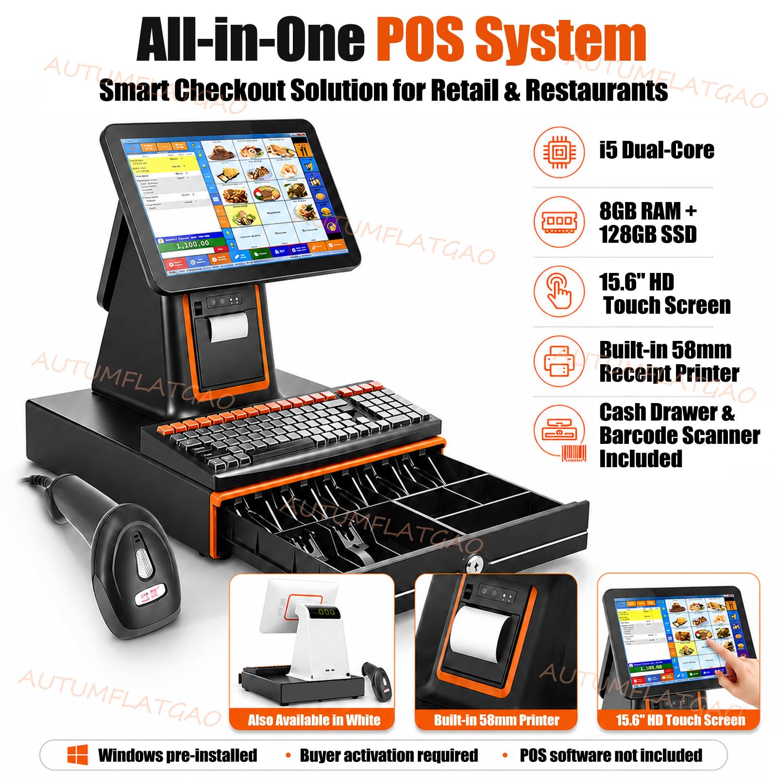 Registratore di Cassa Touch Screen per Negozi, Ristoranti E Bar, Pos Cassa con Stampante Integrata, Cassetto Portadenaro, Scanner Barcode, Display Cliente E Schermo da 15,6" White