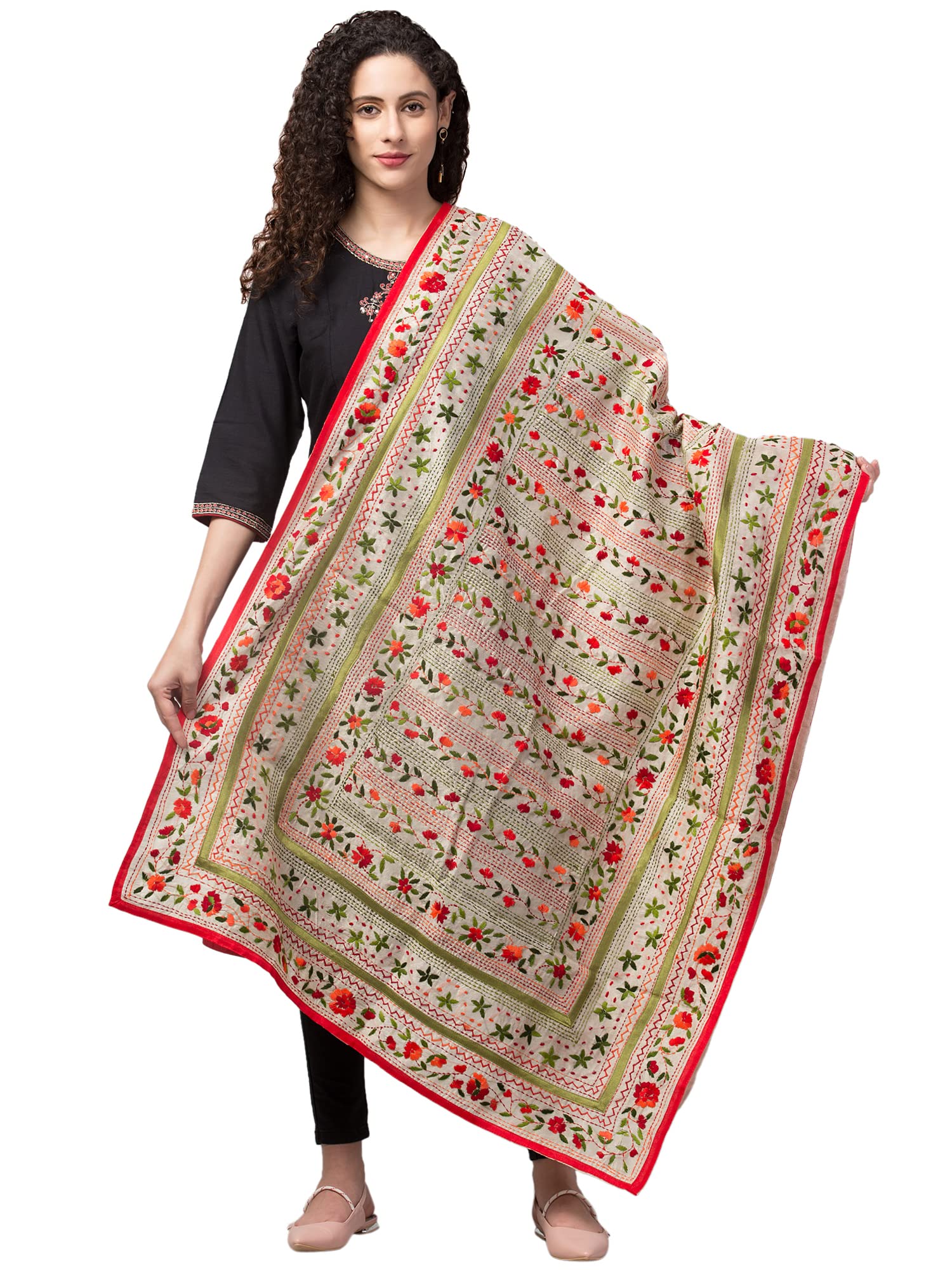tweedle offwhite chanderi hand embroidery phulkari dupattas for women