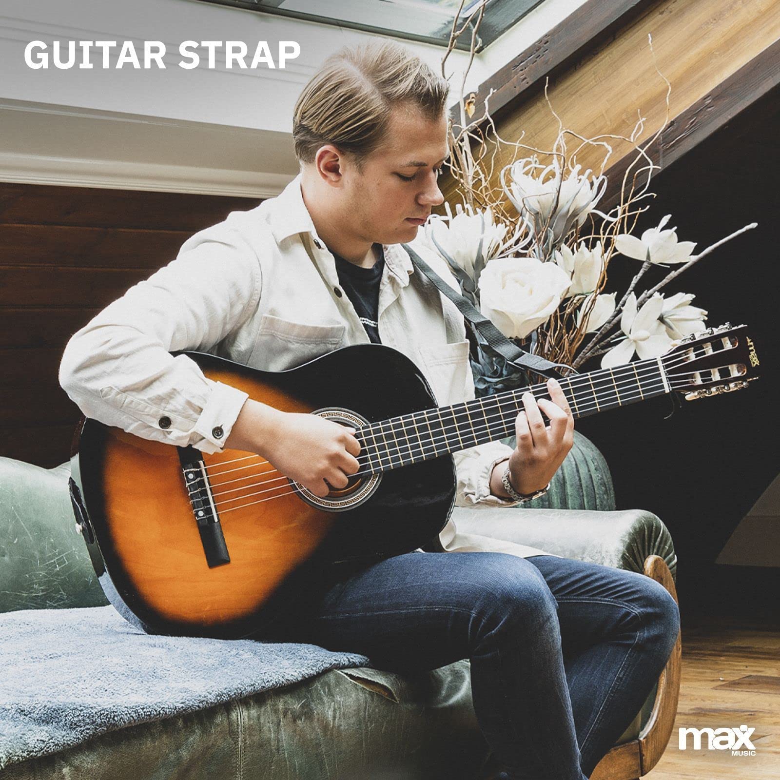 MAX SoloArt Guitare Acoustique Classique avec Support de Guitare - Sunburst, Idéal pour Débuter la Guitare