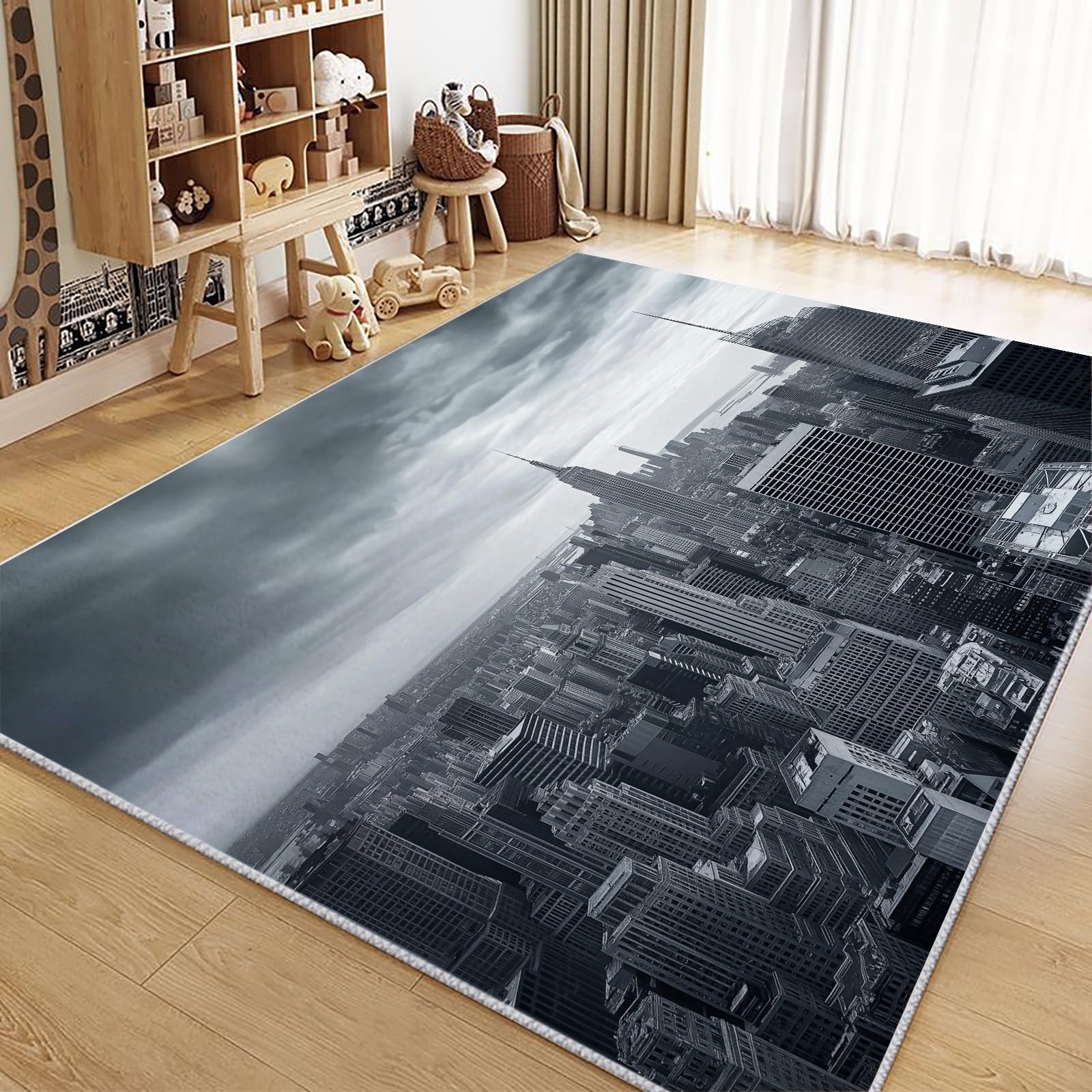 Tapis de couloir gris 140x200cm résistant et doux motif 3D New York Empire State