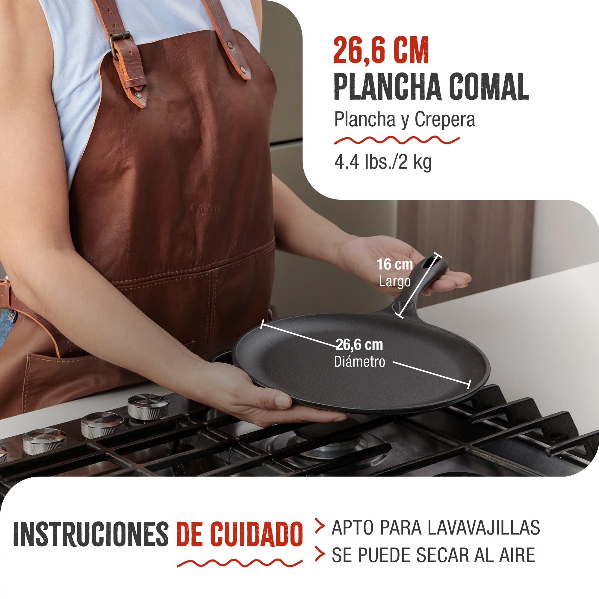 VICTORIA Plancha Cocina Inducción Comal Hierro Fundido Esmaltado para Pizza, Tortillas 26,6cm, Fuego, Barbacoa, Horno, Vitrocerámica, Gas, Sartén Libre de Tóxicos sin PTFE