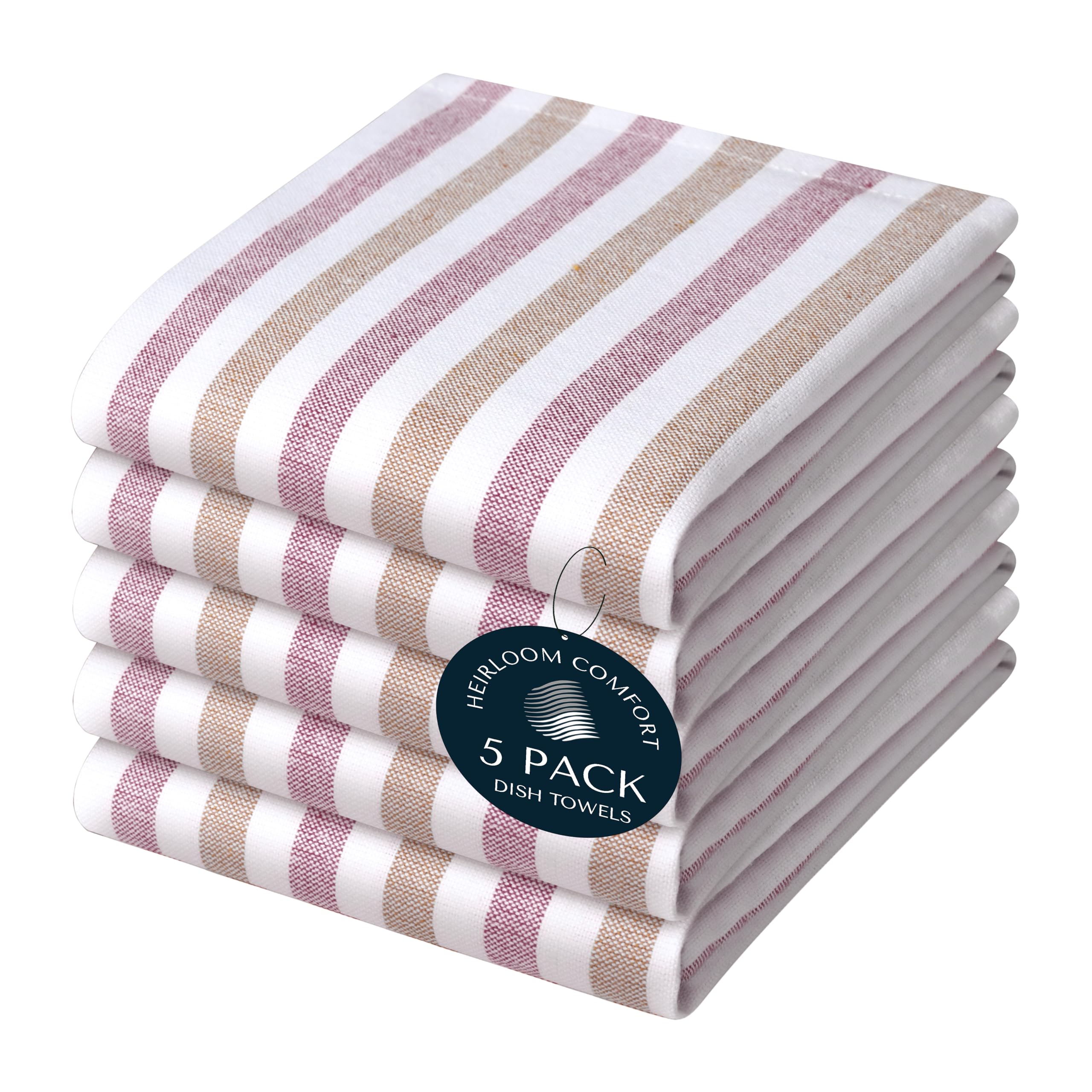HEIRLOOM COMFORT Fiesta Stripe Dish Towels 5 Pack, 45x66 cm, 100% Cotton, Absorbent & Durable, Quick Drying Kitchen Towels for Daily Cleaning, Cooking & Baking, Easy Care, Brown & Burgundy