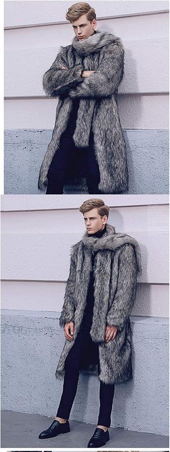 Men's Long Faux Fur Coat, Luxurious, Fluffy, Autumn & Winter, Warm, Cold Protection, Stylish, Fur Coat, gray