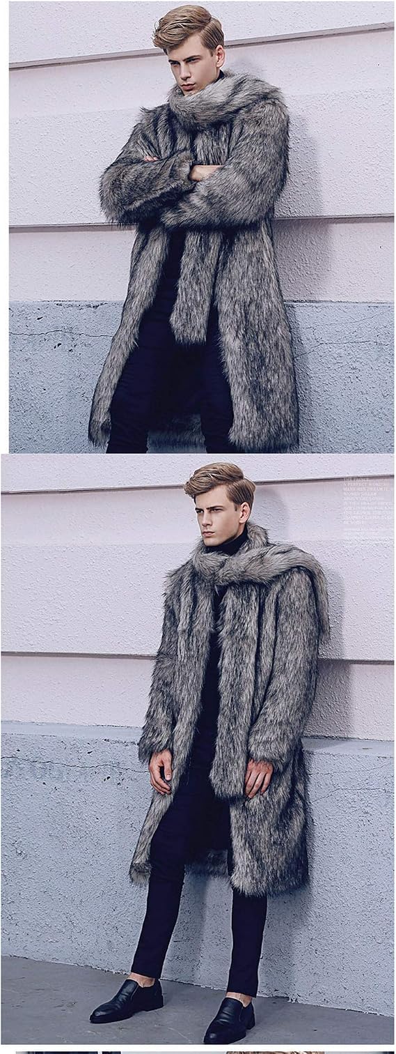Men's Long Faux Fur Coat, Luxurious, Fluffy, Autumn & Winter, Warm, Cold Protection, Stylish, Fur Coat, gray