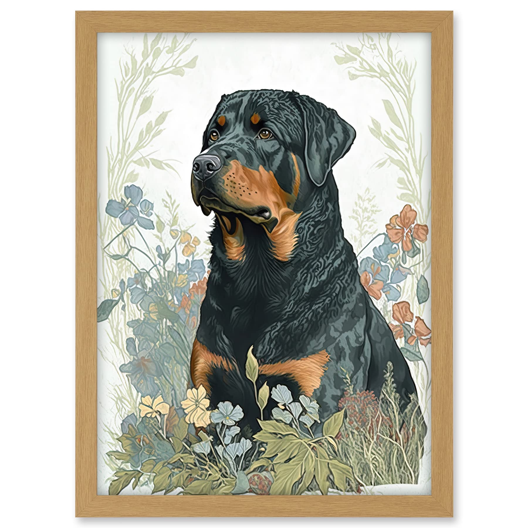 Artery8 Rottweiler Dog Sitting in Flower Field Modern Watercolour Illustration Artwork Framed A3 Wall Art Print