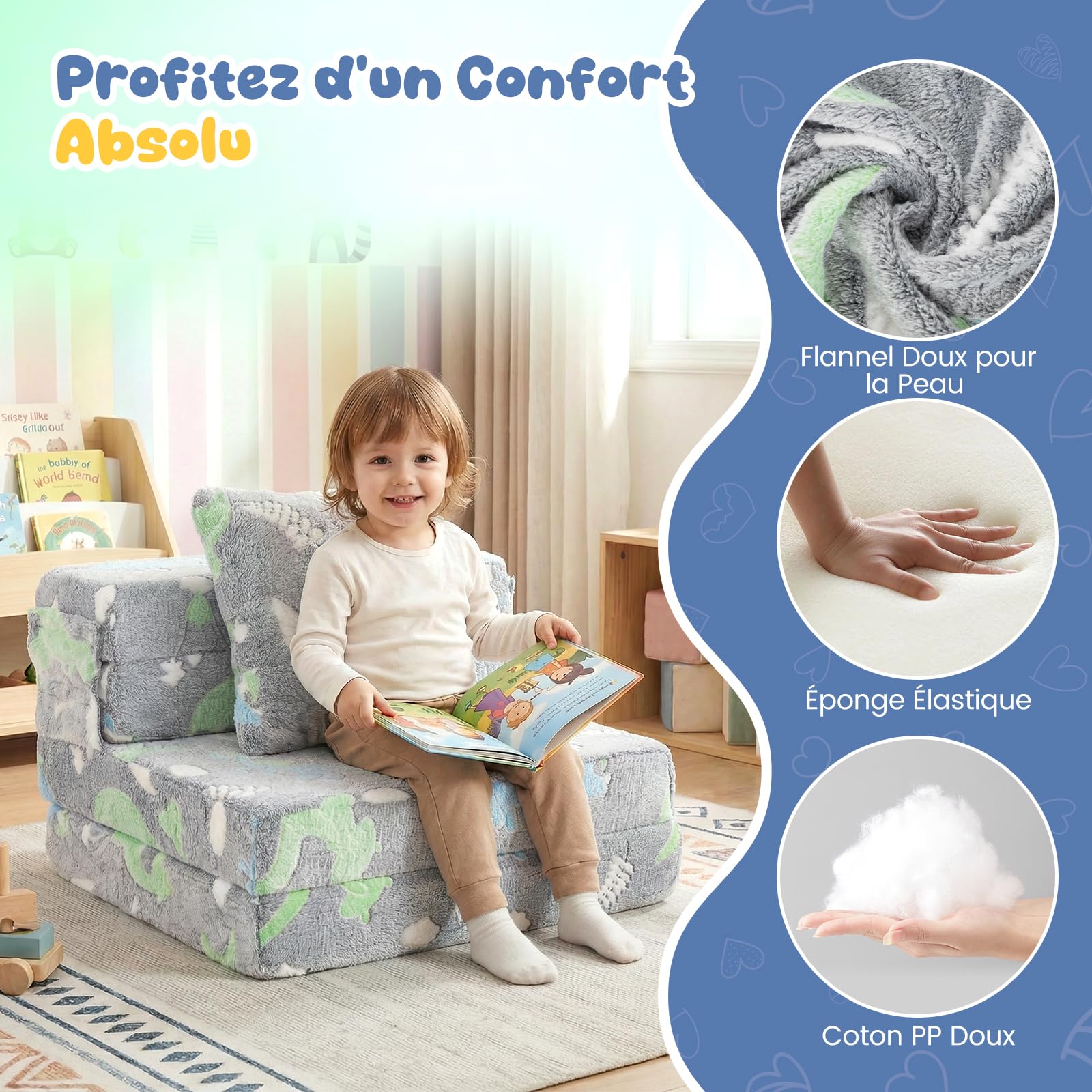 COSTWAY Canapé-lit Enfant Brillant dans Le Noir avec Motif Dinosaure & Oreiller, Matelas de Sol Pliable en Flanelle avec Housse Lavable en Machine, Canapé Modulaire pour Chambre Salle de Jeux (Gris)