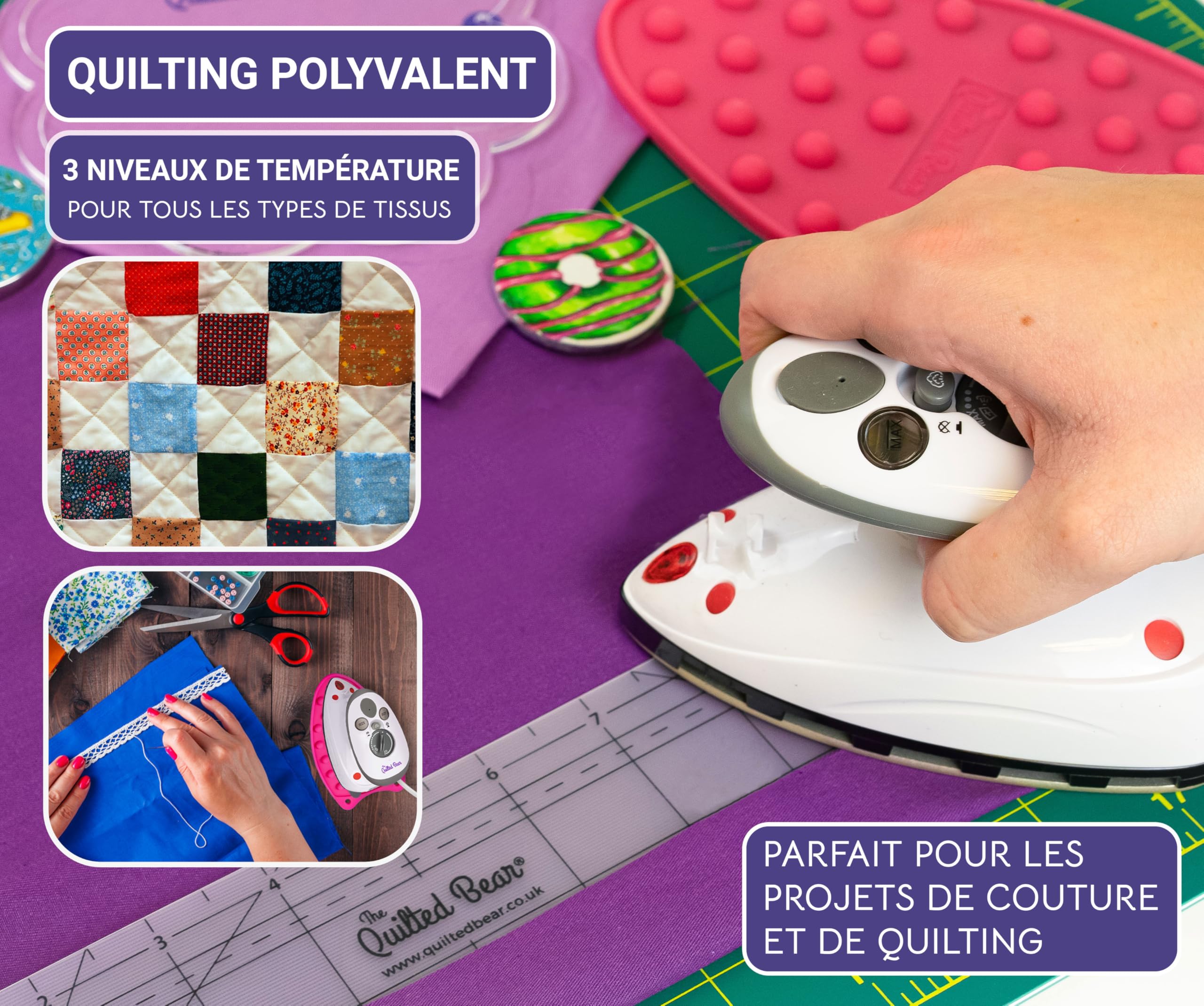 The Quilted Bear Mini Fer à Repasser - Fer a Repasser Voyage avec Céramique Vapeur & Thermostat - Petit Defroisseur Vapeur Voyage Pour la Couture, Artisanat ou Transfer (Boîtier Noir)