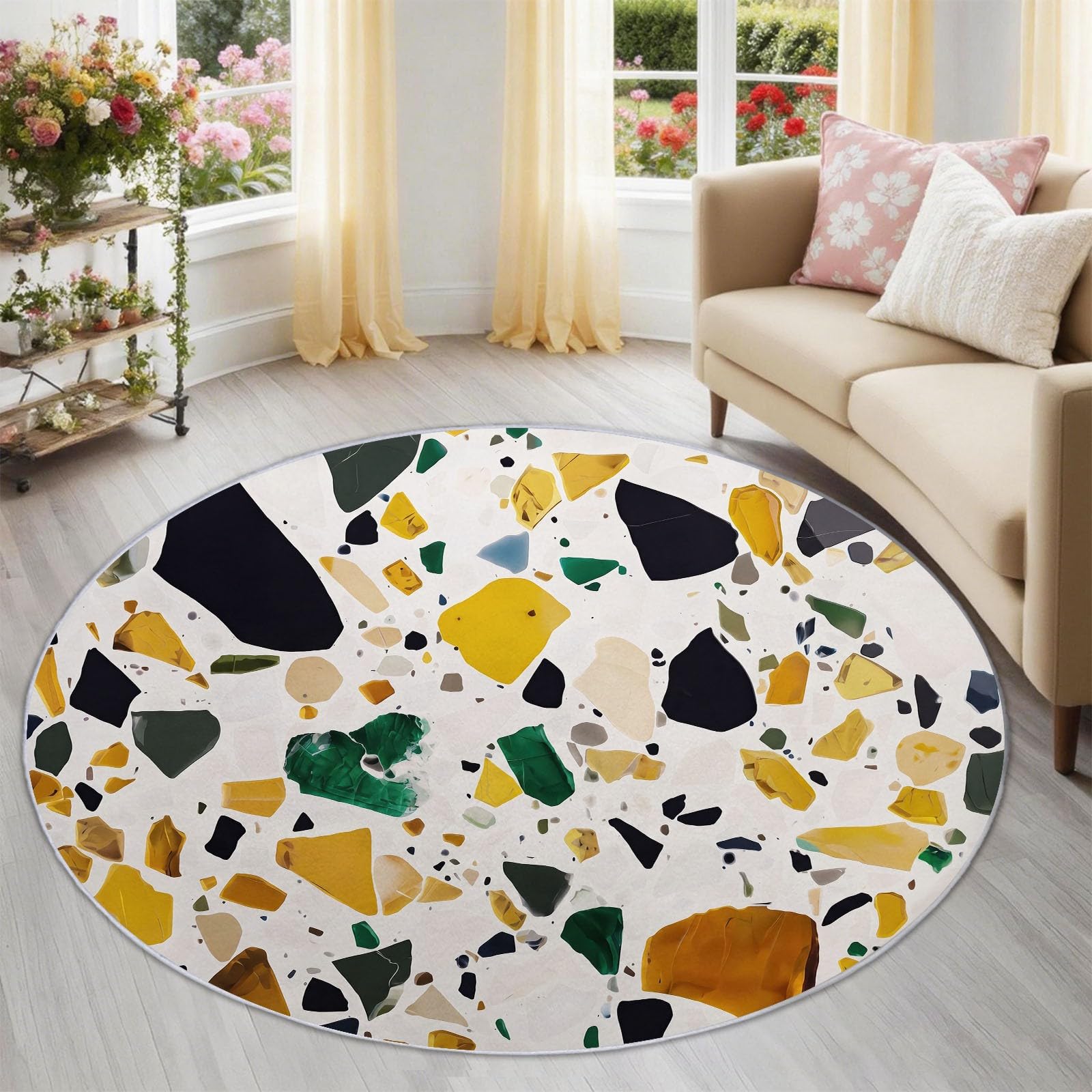 Générique Tappeto rotondo in marmo astratto 160 cm, tappeto lavabile in lavatrice per soggiorno, antiscivolo, stampa frammenti di terrazzo minimalisti moderni per cucina, bianco dorato