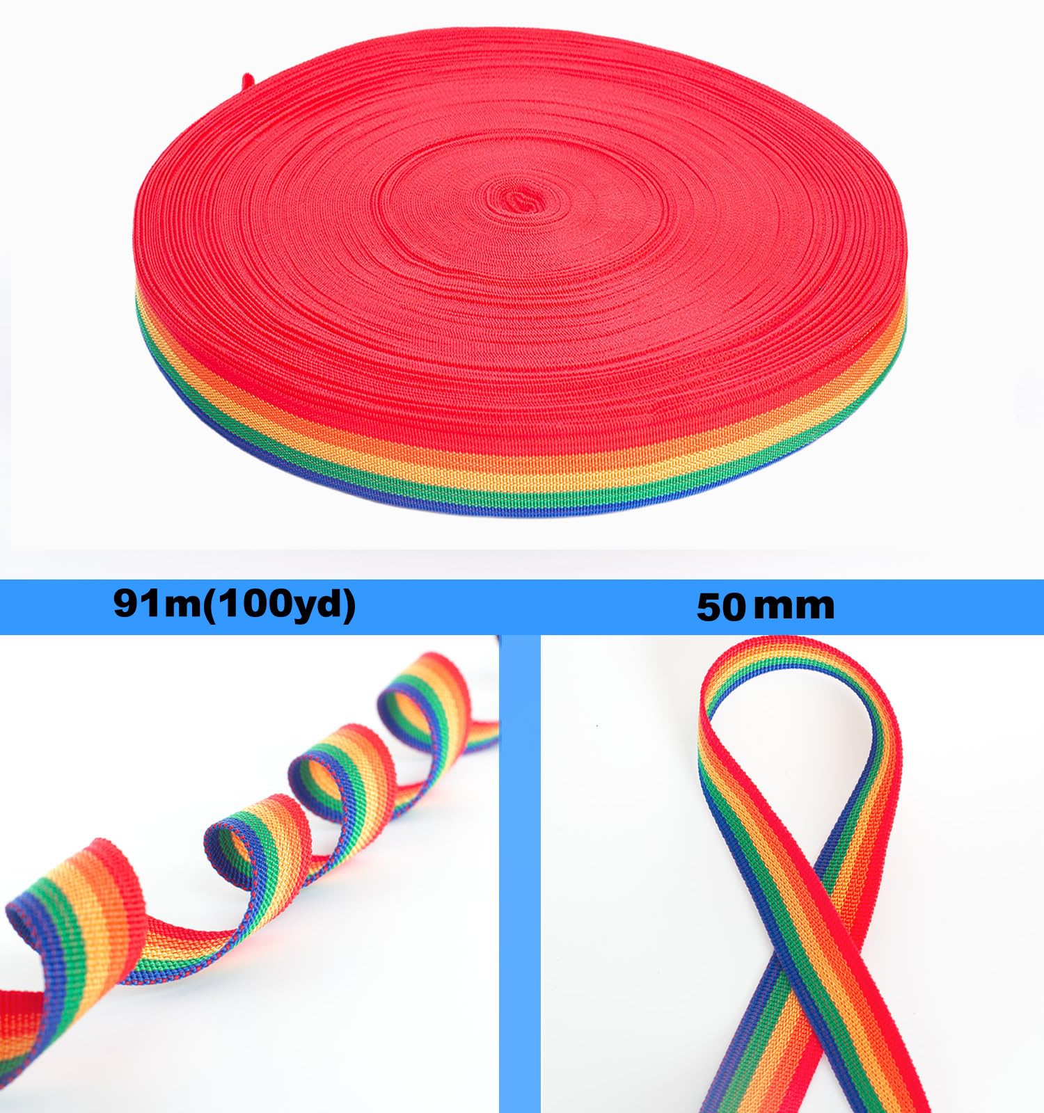 TUKA-i-AKUT 91 m x 50 mm taśma PP – grubość 1,1 mm – tęczowy pas z polipropylenu – 91 m (100YD) długość i szerokość 50 mm, 5 kolorów, TKB5073