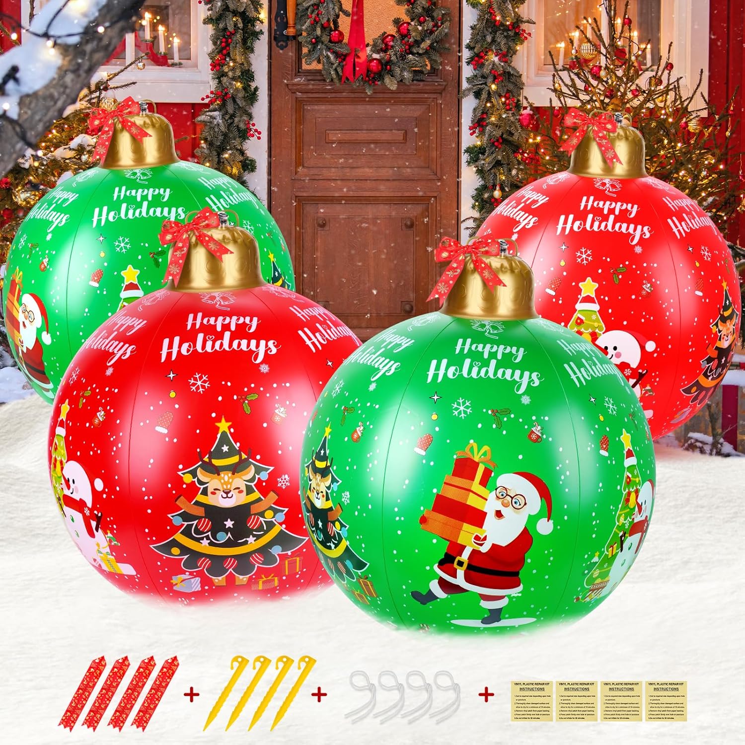 4 PCS PVC 24 Inch Giant Inflatable Christmas Balls Inflatable Christmas Decorations Outdoor Inflatables Ornaments Xmas Blow Up Decorated Ball for Holiday Indoor Outside Yard Lawn Porch Decor