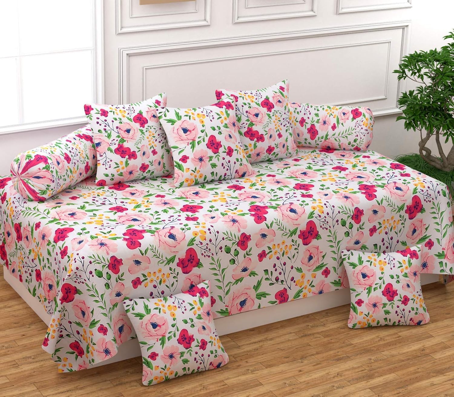 Microfibre Unique Patterns Diwan Set Covers 8 Pieces Set of 1 Bedsheet 2 Bolsters and 5 Cushion Covers (White)-image-28