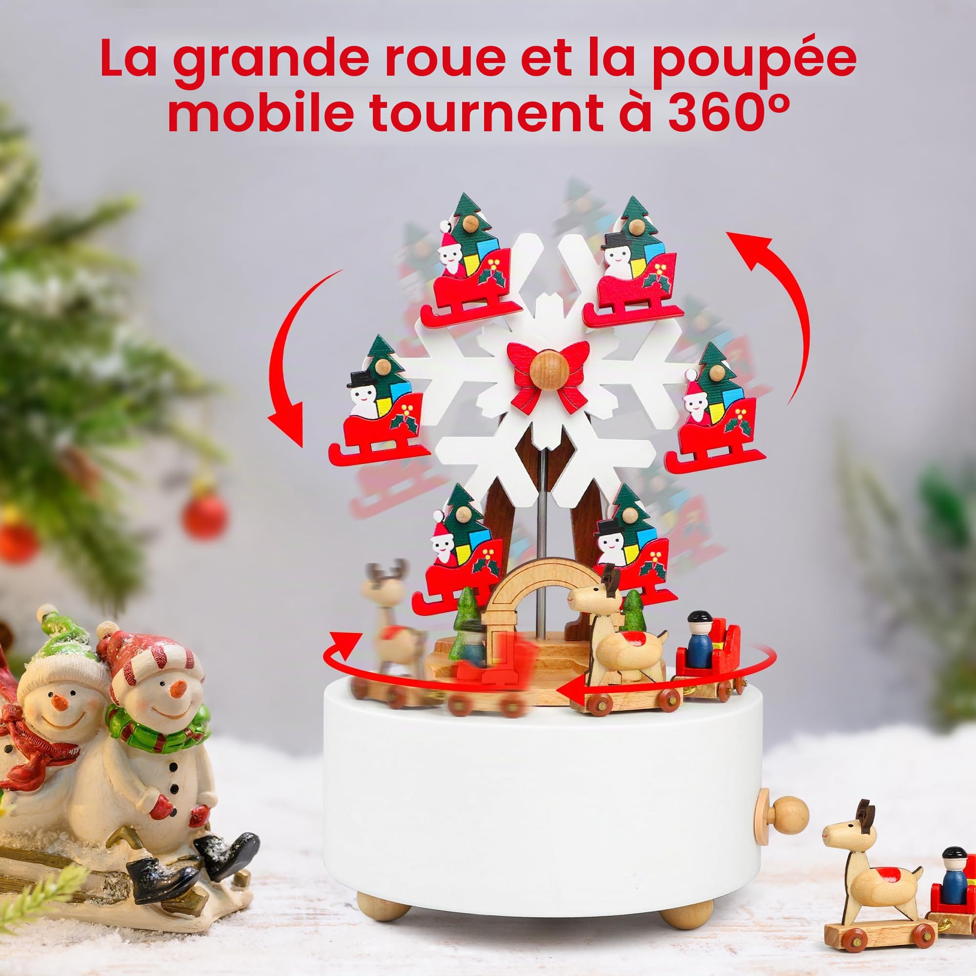 LONEEDY Boîte à musique en bois - Décoration de Noël en forme de flocon de neige - Élan personnalisé pour garçons et filles - Rotation (flocons de neige de Noël)