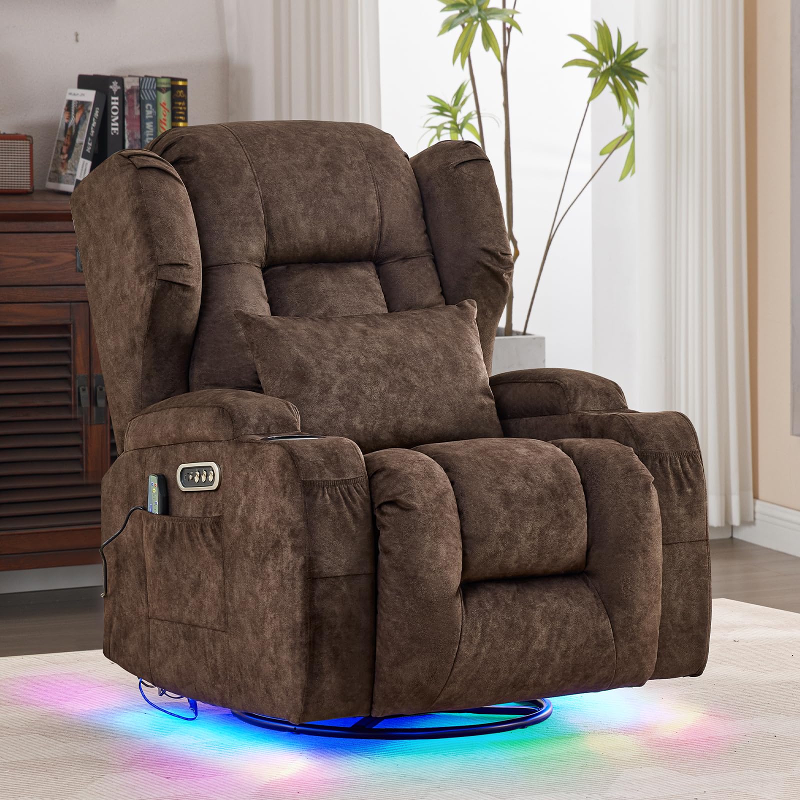 OQQOEE Power Swivel Rocker Recliner Chair with Massage & Heat, Dual Motor Electric Glider Rocking Recliner with USB Ports, Cup Holders & LED Light for