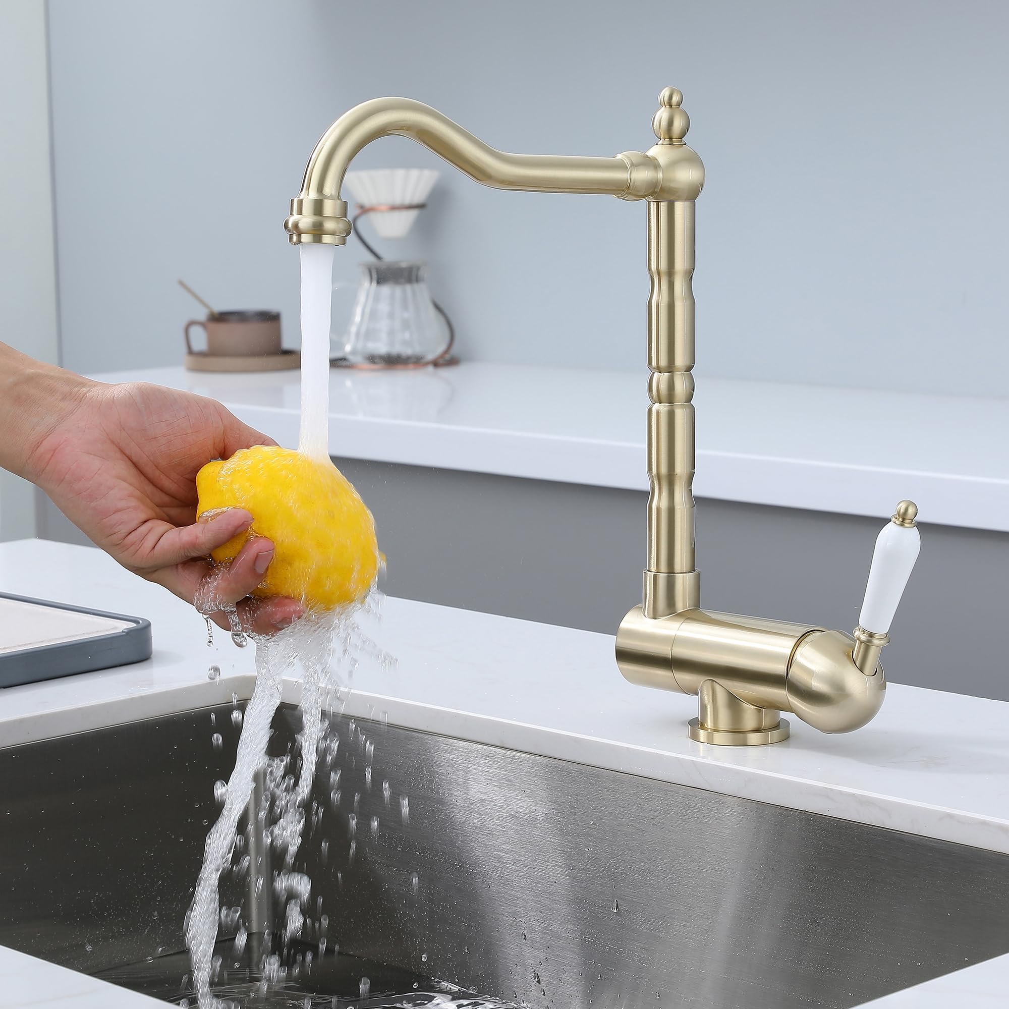 Vorfenster Küchenarmatur Gold Gebürstet, Hochdruck Wasserhahn Küche Gold Gebürstet, Flexible Mischbatterie Küche 360° Drehbare/180° Faltbar/Schwenkbarer Auslauf, Hochdruck Armatur Küche Aus Brass