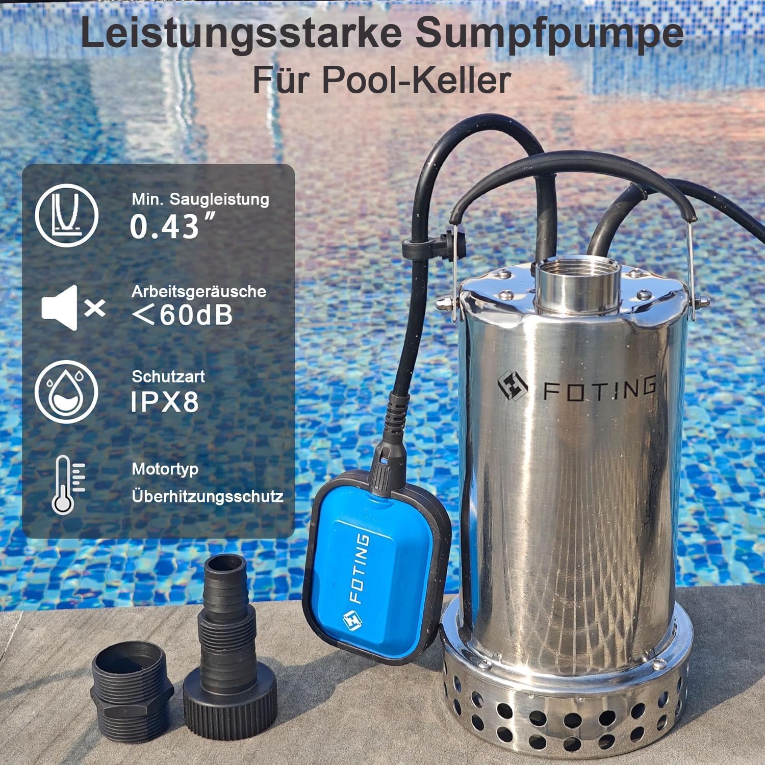 FOTING Pompa sommersa in acciaio inox, 900 W, 13.000 l/h, portata fino a 9 m, profondità di immersione fino a 7 m, con interruttore a galleggiante, per piscina, cantina e drenaggio