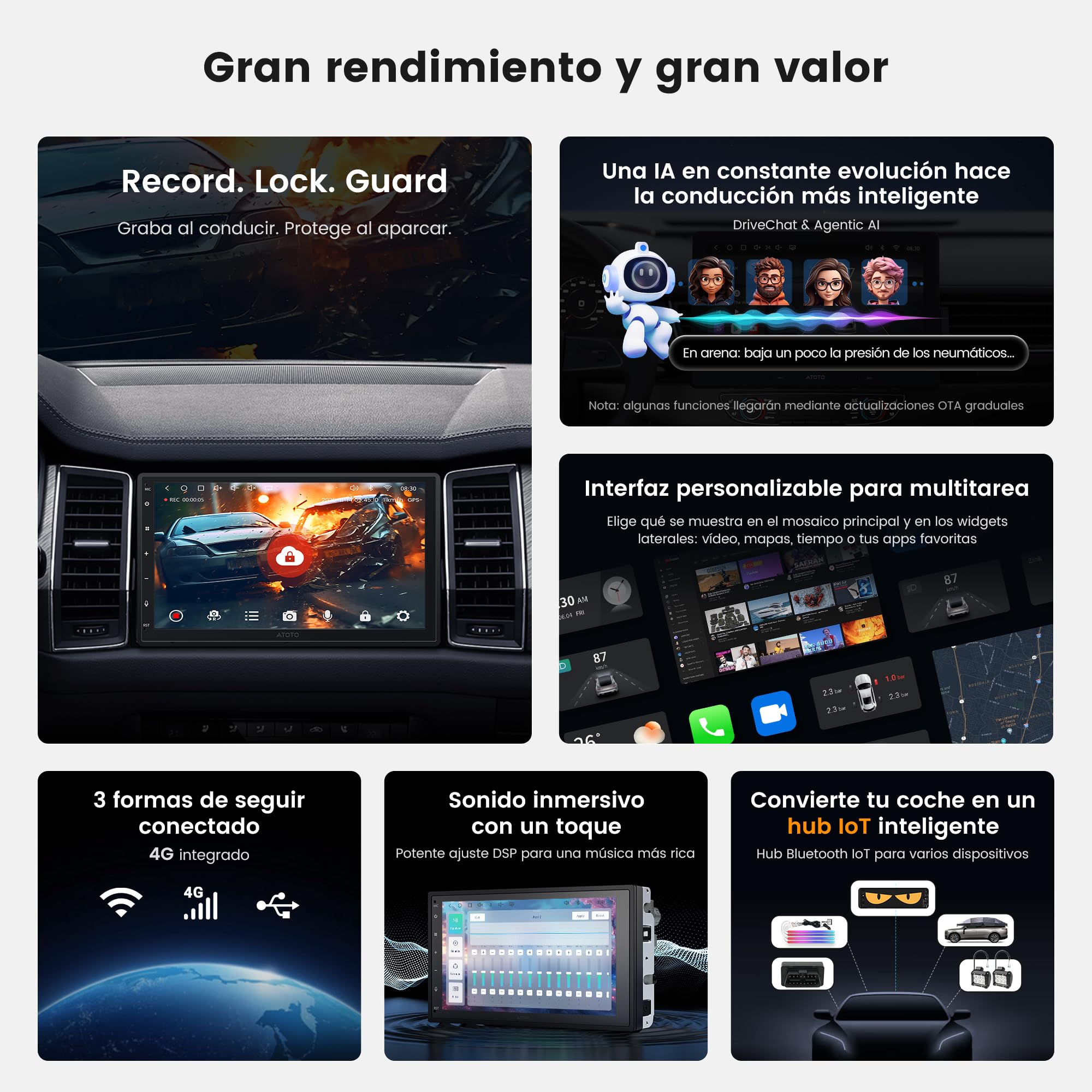 ATOTOZONE Android Radio Coche 2 DIN, 7" Pantalla Táctil 4G+64G Cargadores de Medios Digitales, CarPlay/Android Inalámbrico, WiFi/BT/USB, Hi‑Fi DSP w/4V Pre‑Outs, AI Chat&GPS Tracking, S8 Gen4