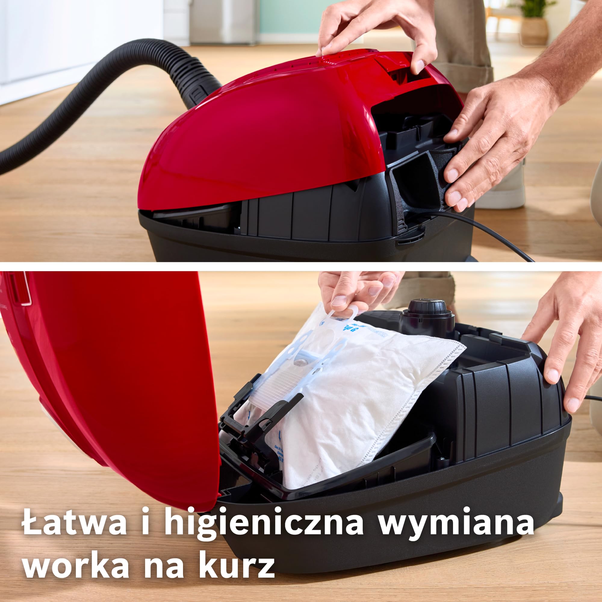 Bosch Serie 4, odkurzacz workowy, kompaktowy, lekki, worek na kurz XL 4 l, promień działania 10 m, higieniczny filtr PureAir, niemiecka jakość, BGB38RD2, czerwony