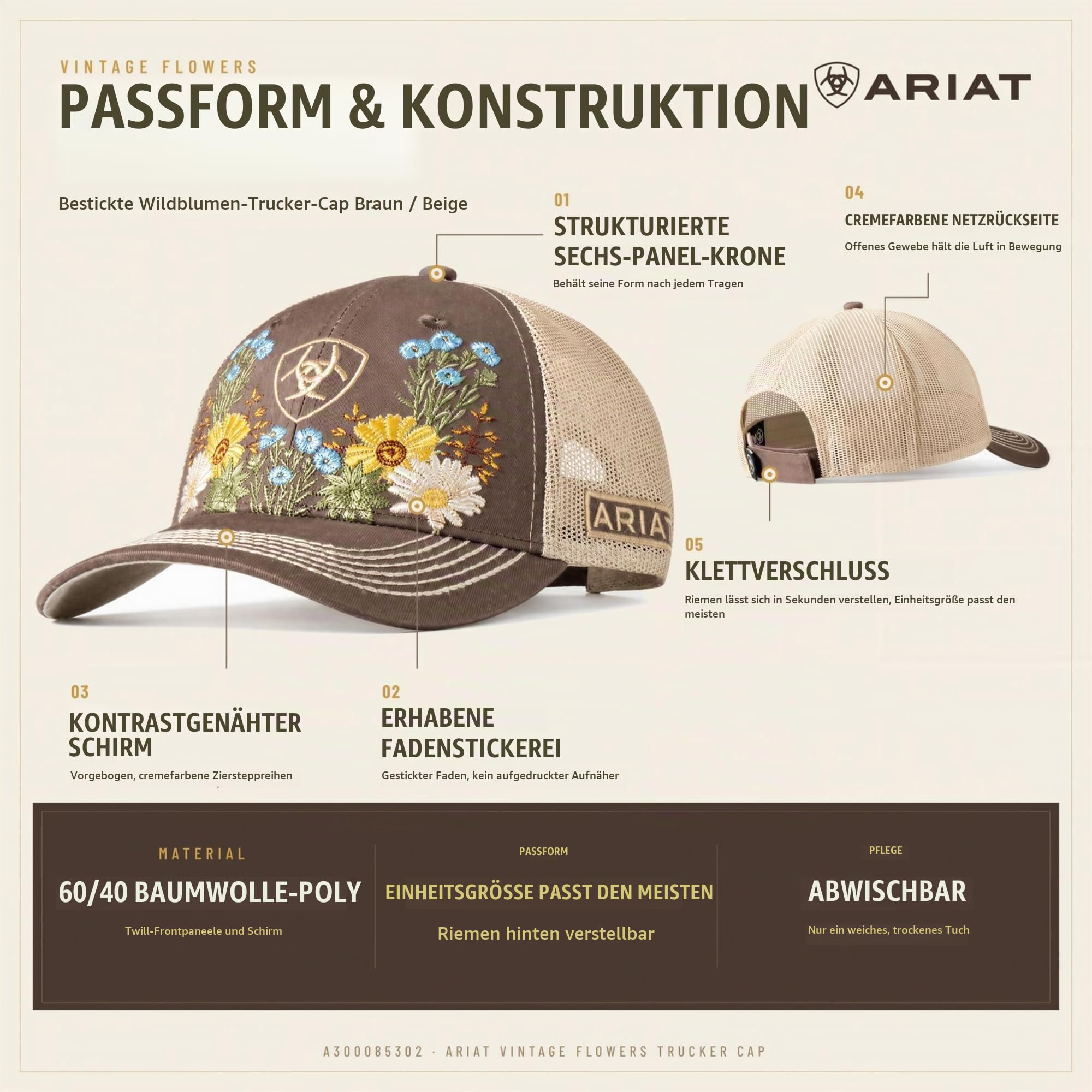 Ariat Women's Vintage Flowers Cap, Brown | Cremefarbene Netzrückseite, Klettverschluss, Gänseblümchen- und Wildblumen-Design, Einheitsgröße, für den westlichen Alltag