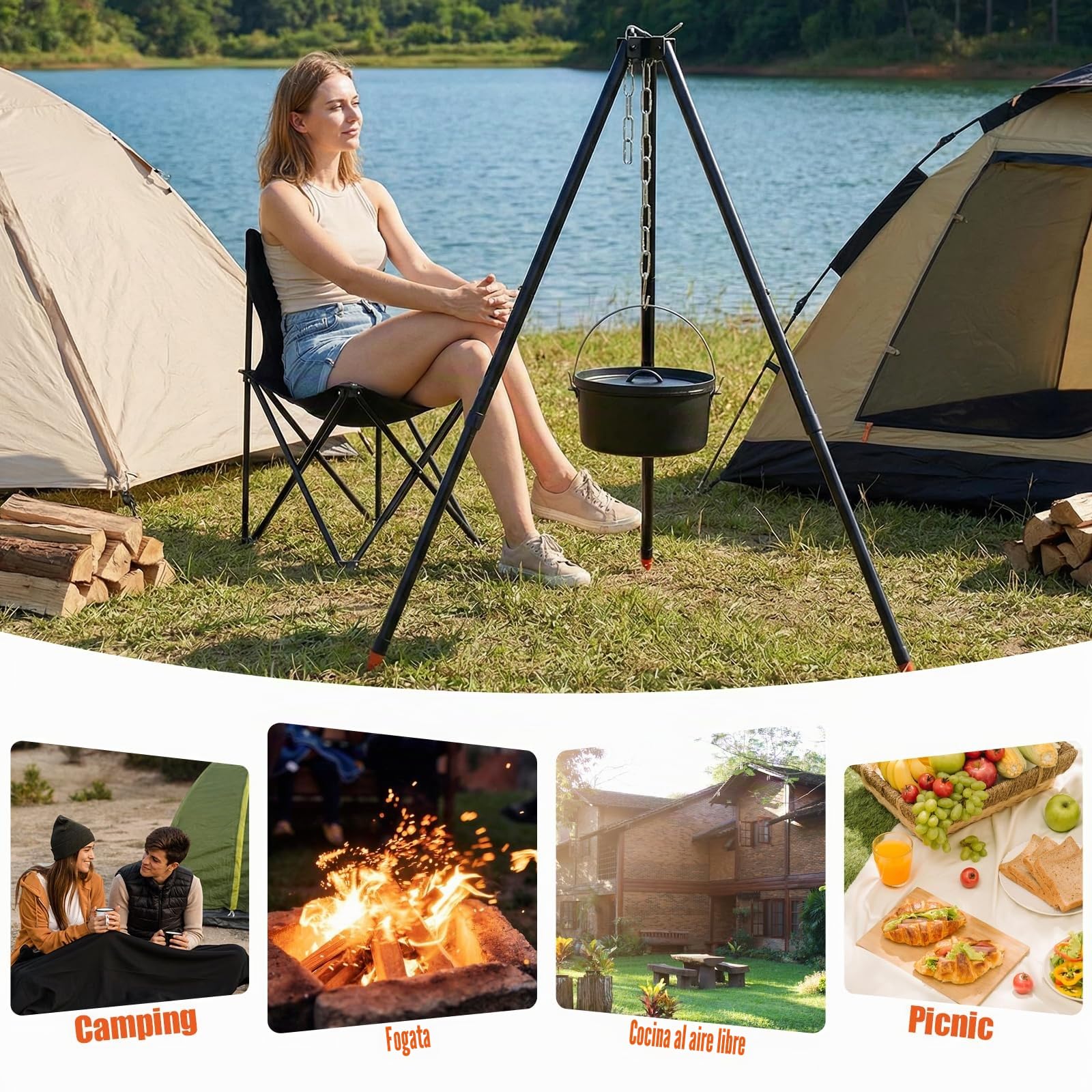 Trípode para Barbacoa Trípode para Cocinar para Campamento Parrilla Portátil para Cocinar Trípode Trípode para Cocinar Al Fuego,Colgante Ajustable