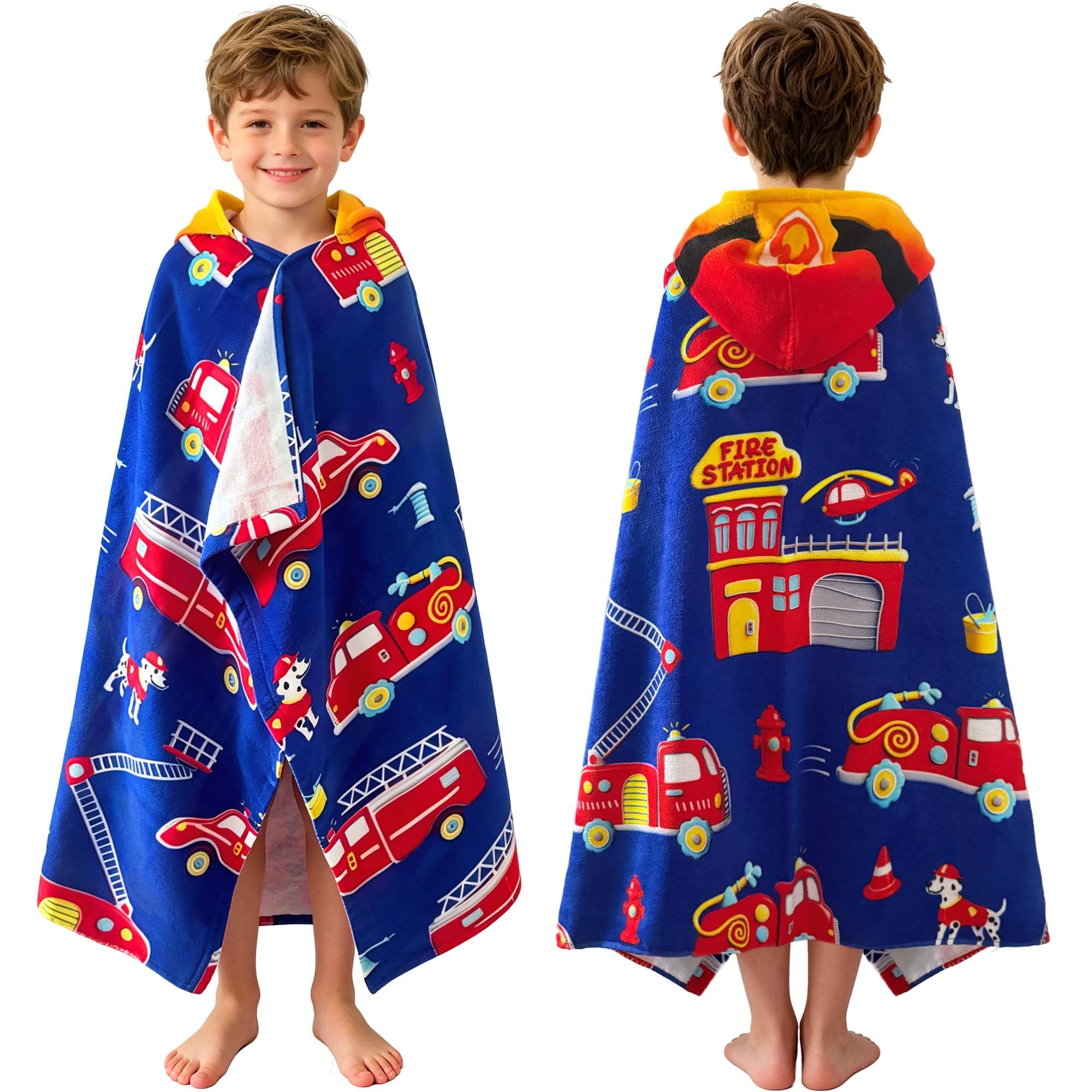 VOOVA & MOVAS Red Fire Truck Kids Bath Towel Age 3-8,100% Cotton,Gentle | 50"x30", Beach Pool Bath Towel,Gift for Boys,Wearable Towel,Absorbent & Thick,Machine Washable Durable,Chemical-Free Red Fire Truck 50.00''x30.00''(3-8 Years)