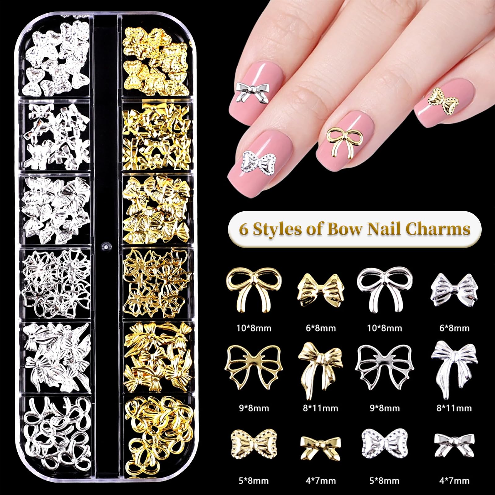 Gold Nail Charms, Silver Nail Gems & Bow Nail Charms, 3D Nail Charms, Metal Nail Gems for Nail Art - Image 2