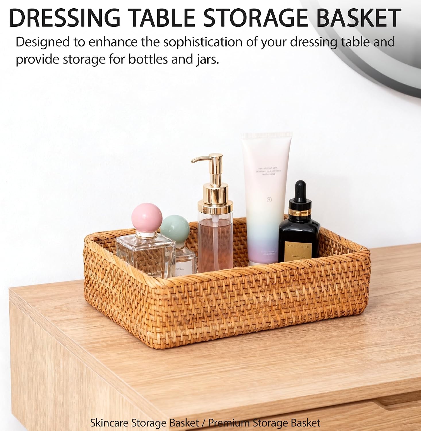 Rattan Storage Basket, Rectangular Desktop Organizer for Home | Woven storage vessel, air permeable & solid structure, natural texture, for shelf, bedroom, artistic decor & decent gift
