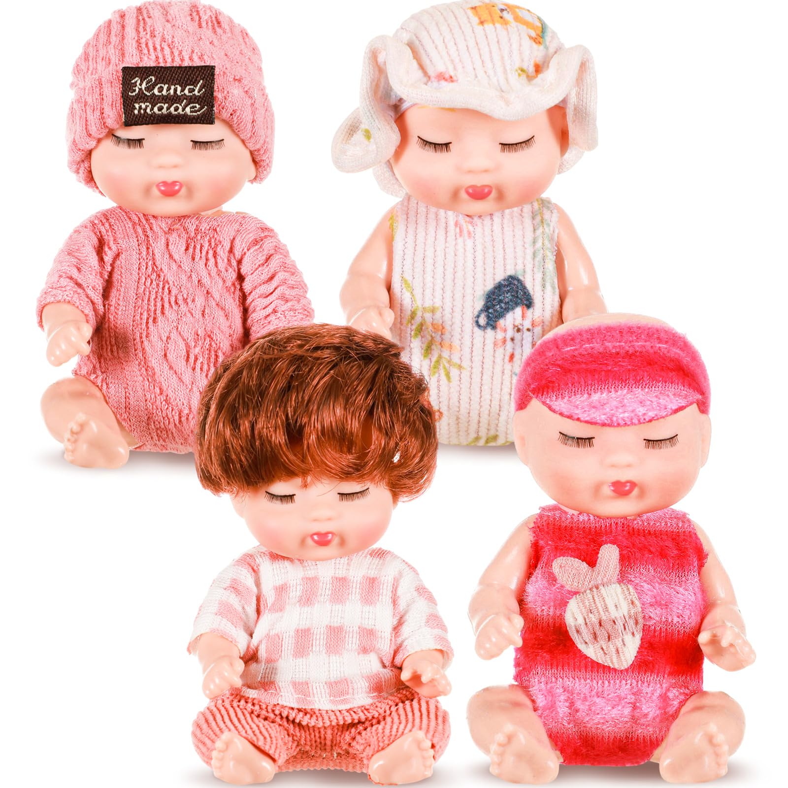 Hanaive 4 Pcs 4 Inch Mini Baby Dolls Lifelike Realistic Baby Dolls Animal Clothes Cute Tiny Gifts for Kids Birthday Party(Homey Style)