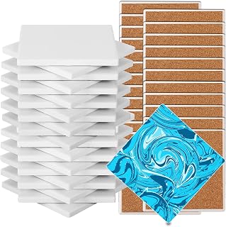 Ceramic Tile for Crafts Coasters, GOH DODD 24 Pack 4 Inch Blank Coasters Unglazed Ceramic White Tiles with 24 Pack Cork Backing Pads for Painting, Alcohol Ink, Acrylic Pouring, DIY, Mosaics, Square