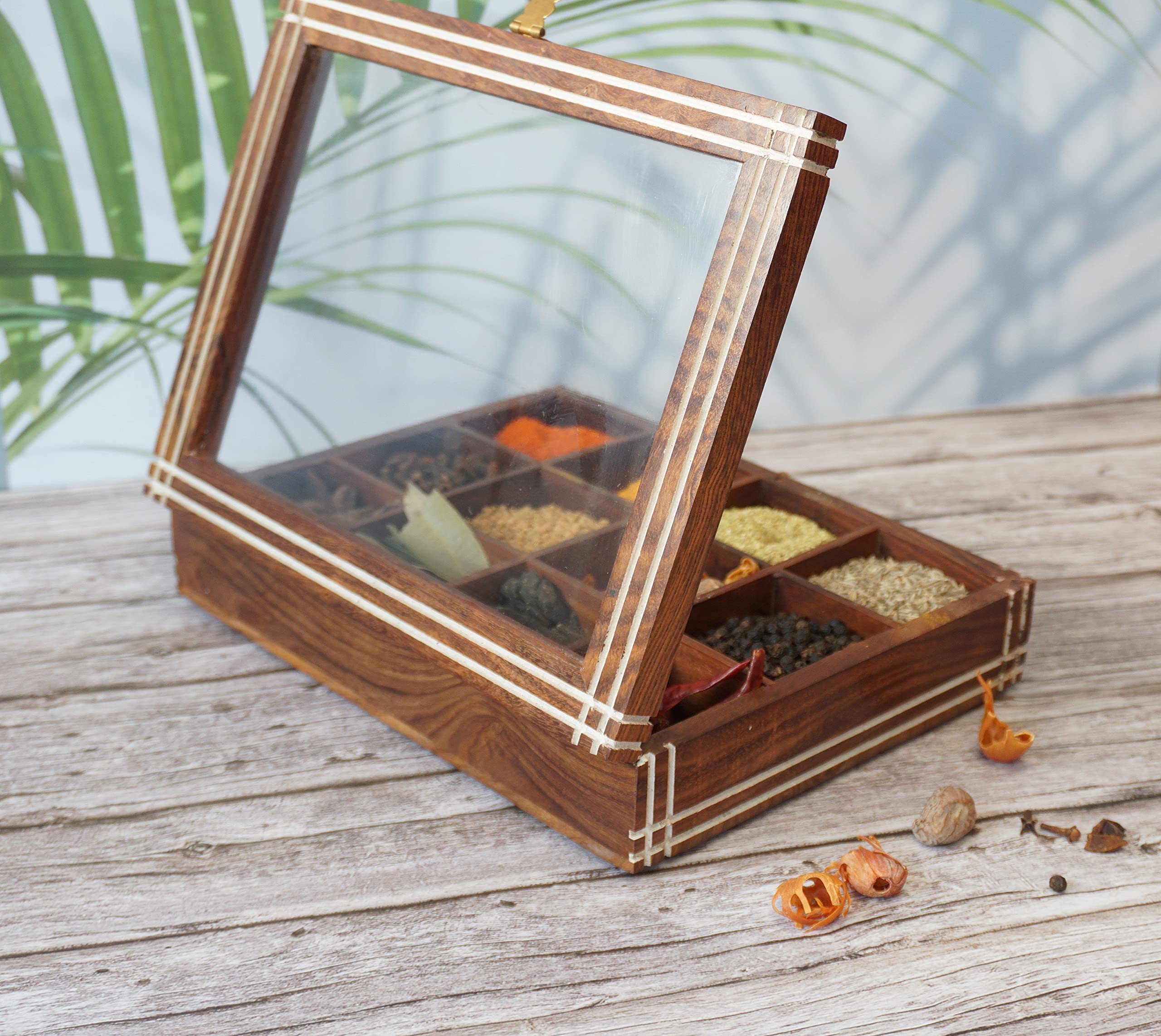 CULTURWAYexquisite Wooden Handcrafted 12 Containers Spice Box Set. Experience the allure of a wooden masala box for your kitchen, featuring the Anjarai Petti Table Top Masala Dabba. Includes 12