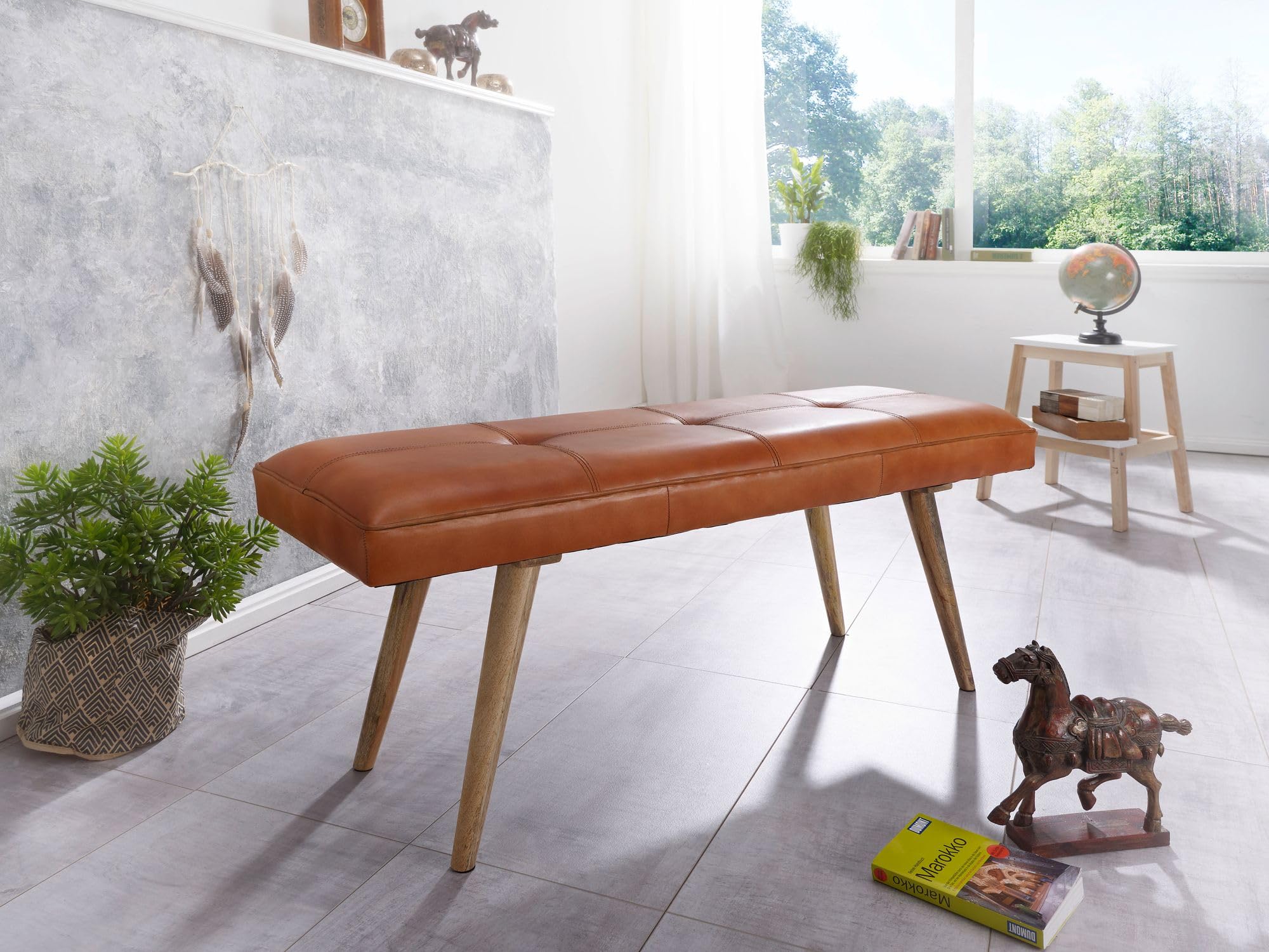 Banc en cuir massif bois 117x51x38 cm style rétro FineBuy