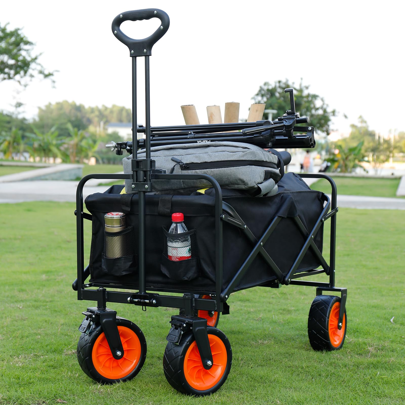 AOUTK キャリーワゴン キャンプカート ブレーキ付き 折り畳み 前輪360*度回転 アウトドア用アワゴン 幅広大型タイヤ コンパクト 軽量 収納簡単 ポケット付き カ : AOUTK キャリーワゴン キャンプカート ブレーキ付き
