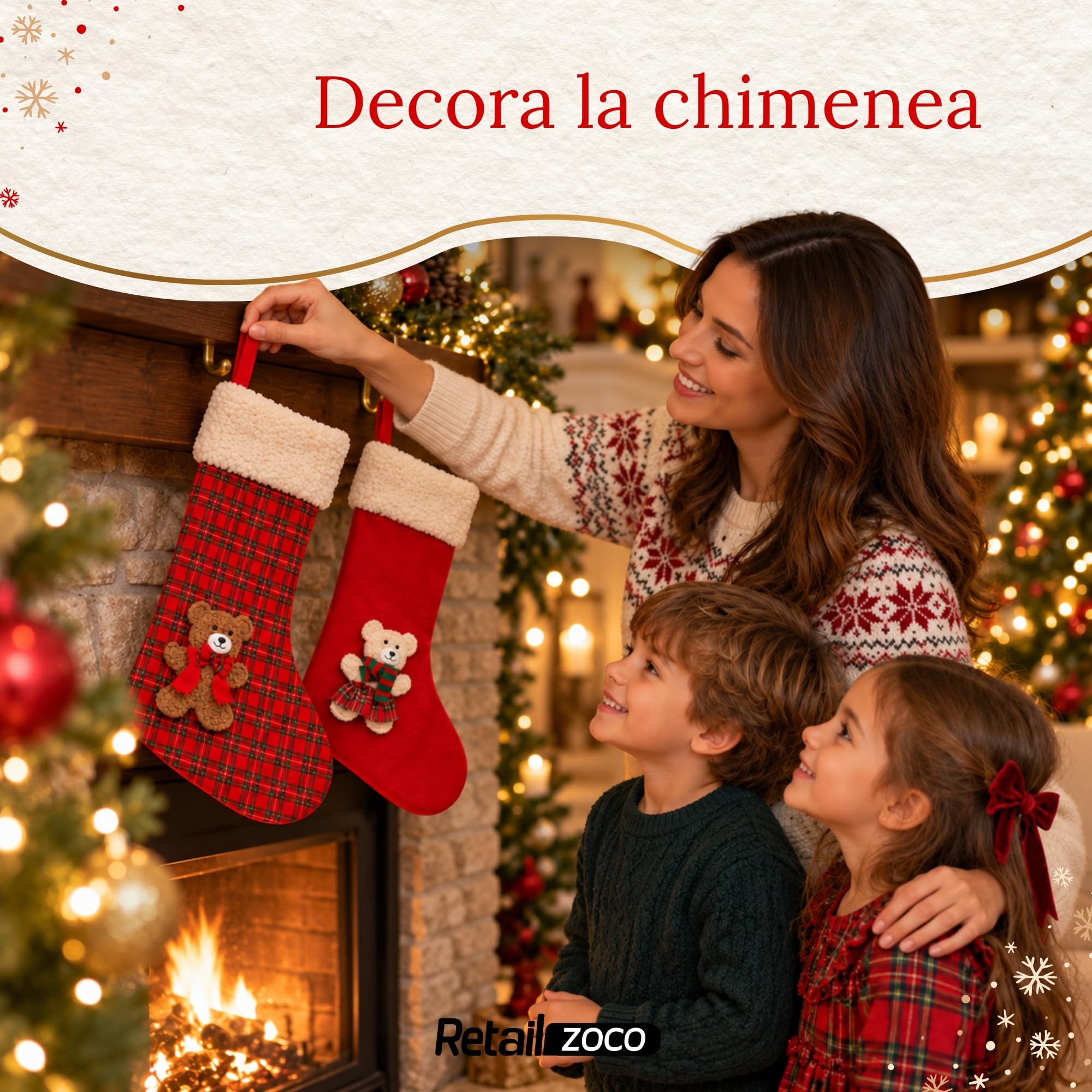 Calcetines Navidad, Calcetines Chimenea Papa Noel, Diseño Osos, 2 Unidades - imagen 3
