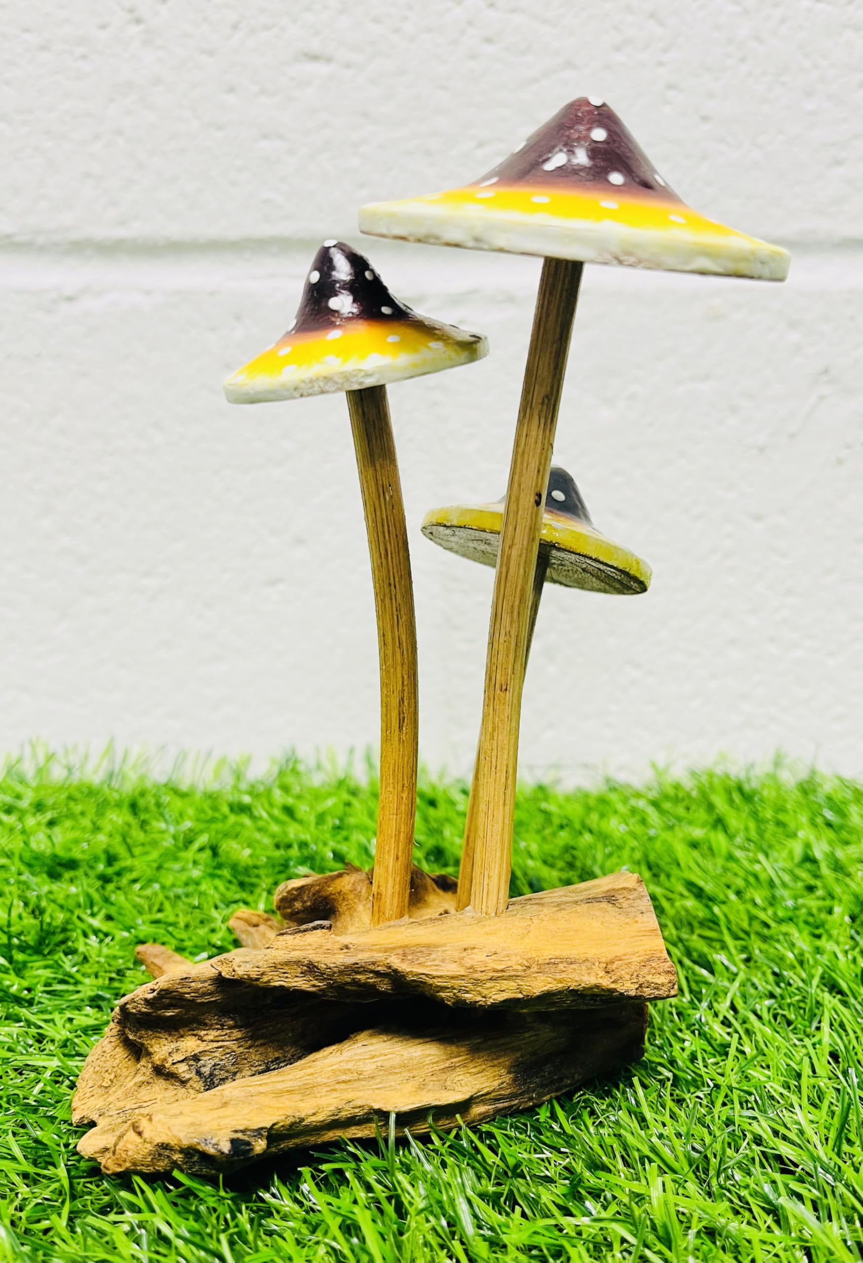 My Square Mile Wooden Mushroom Garden Ornament | Teak Wood For Indoor & Outdoor Use | Hand Carved Garden Sculpture (Yellow 17cms)