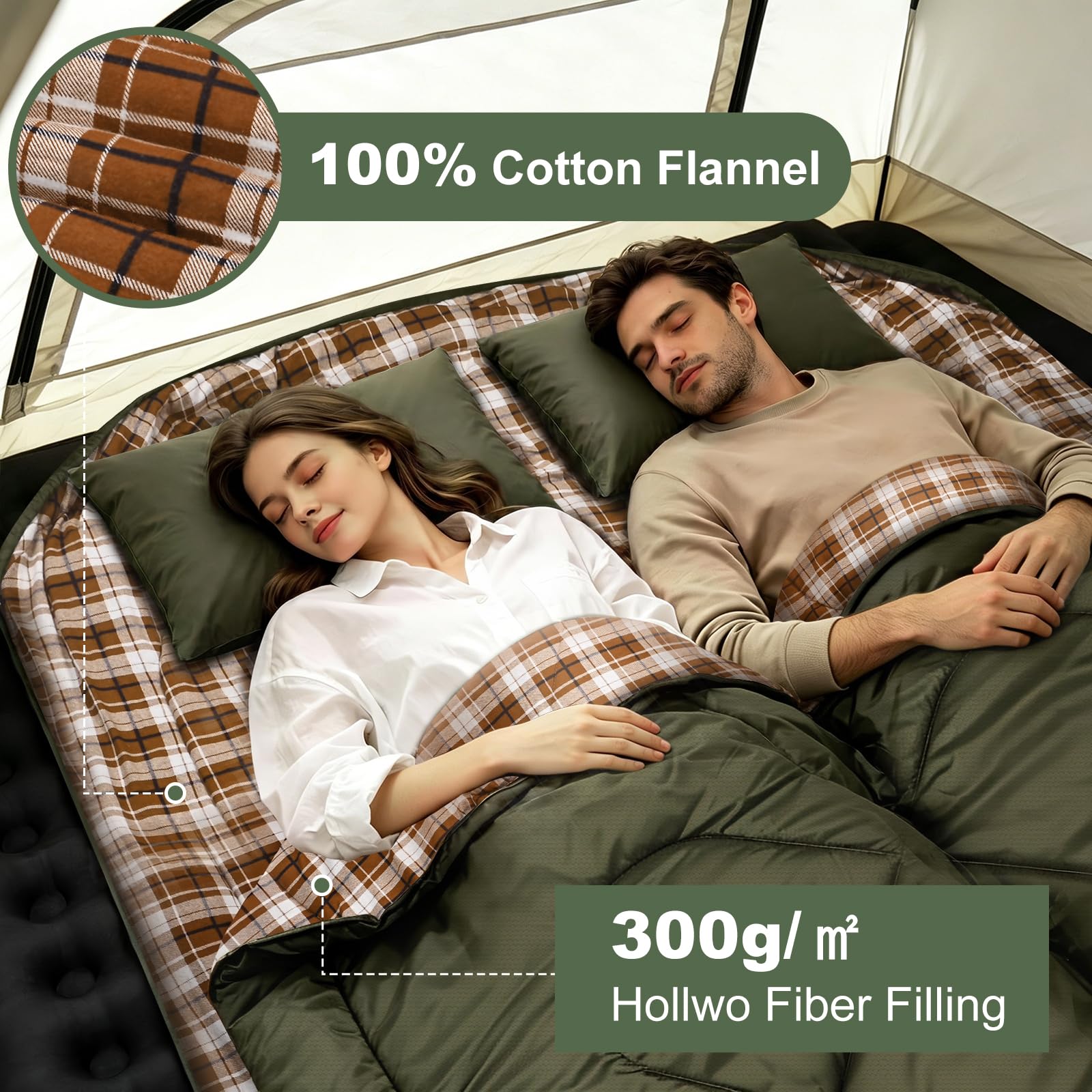 Saco de Dormir Doble Franela para Adultos, 230 x 160 cm | 4 Estaciones, para 2 Personas, impermeable, Cuatro Cremalleras Dobles, Ideal para, camping, caza y viajes en coche, 4.0 kg