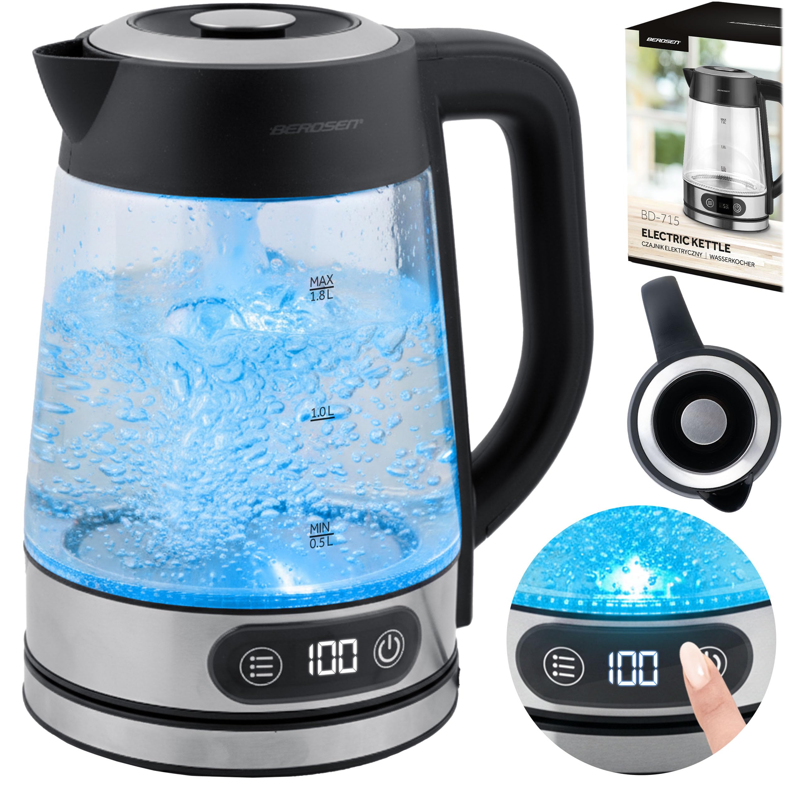 Berdsen Elektrischer Wasserkocher mit Temperaturregelung 40-100°C - Glas LED - Touch-Display - 2200 W - 1,8 l - Edelstahl - Silber-Schwarz