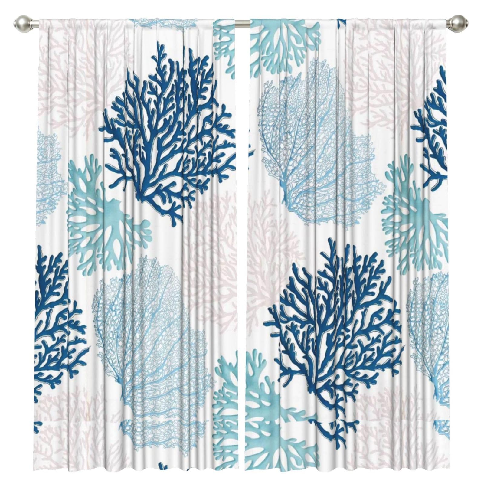 InOmak Blue Coral Nautical Teal Sea Coral, 2 Panels Window Curtains 52 x 84 Inch Blackout Curtains for Living Room Bedroom