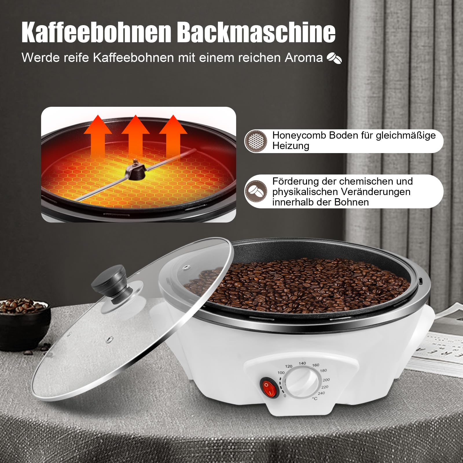 1200w Elektrische Kaffeeröster, Röstmaschine Bohnenröster MAX 1500g mit Einstellbare Temperatur, Kaffeeröstmaschine für Cafés, Familien, Vereine