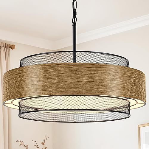 Miniatura 8 de Candelabros de granja de 19.7 pulgadas para comedor, candelabro rústico grande redondo negro de 5 luces con textura de metal y madera, iluminación