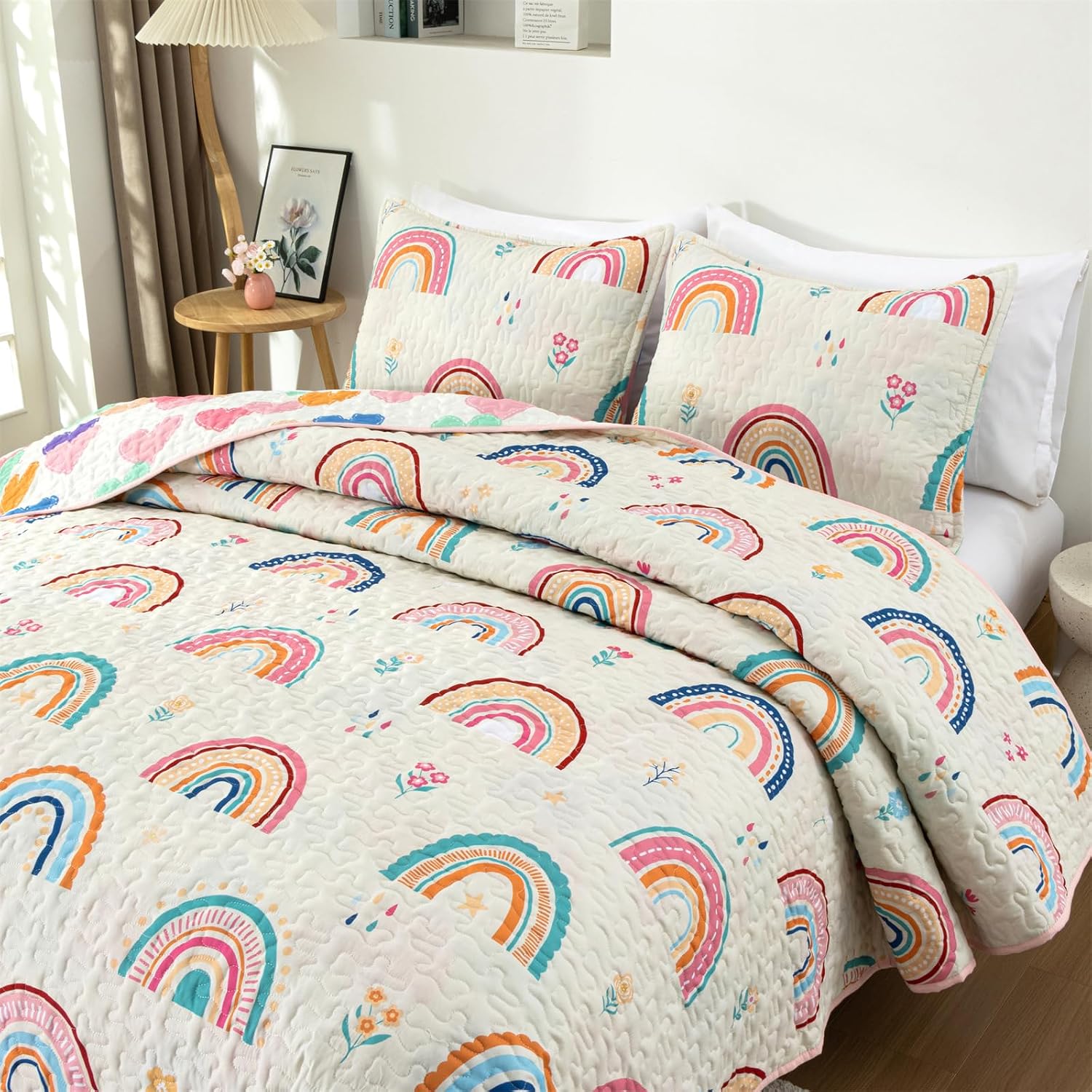 NTBED 3pcs Rainbow Quilt Set Twin for Girls Kids Floral Bedspread