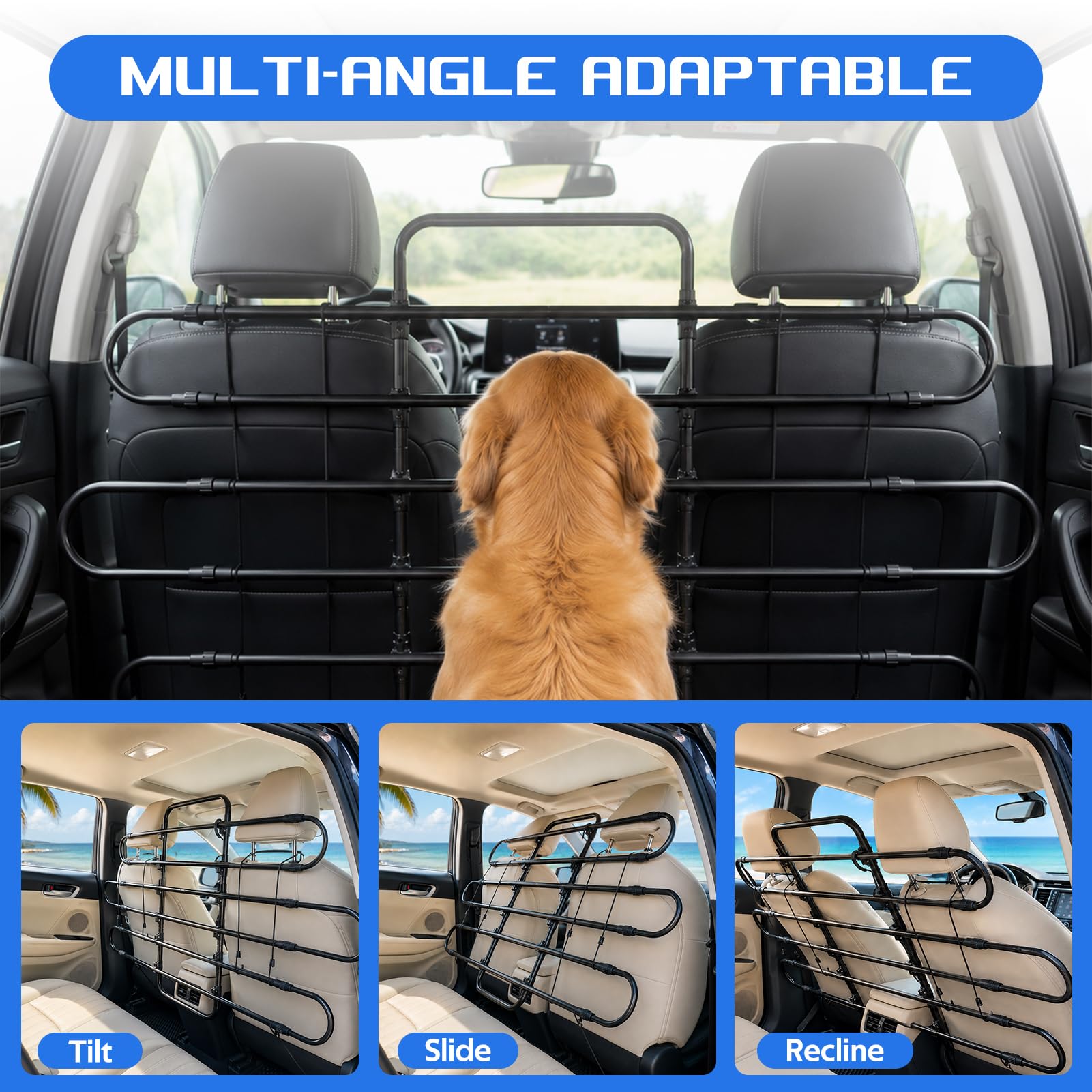 Barrera de coche para perros, para SUV, barrera resistente para mascotas, movimiento de asiento, ajustable de 94 a 165 cm de ancho, barrera para perros SUV y divisor de coche para perros